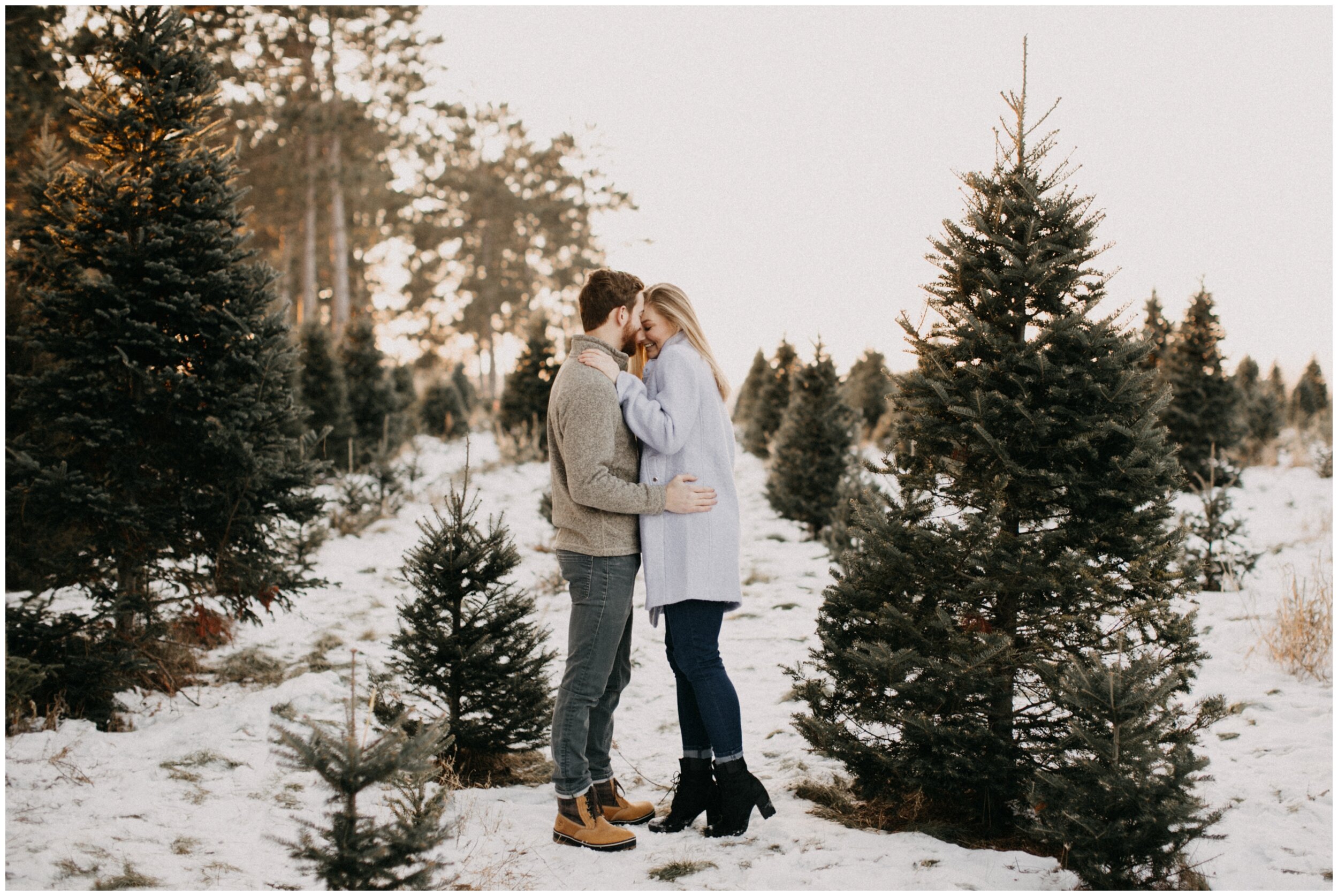 Couple standing in snow covered Christmas tree farm during sunset in Minnesota