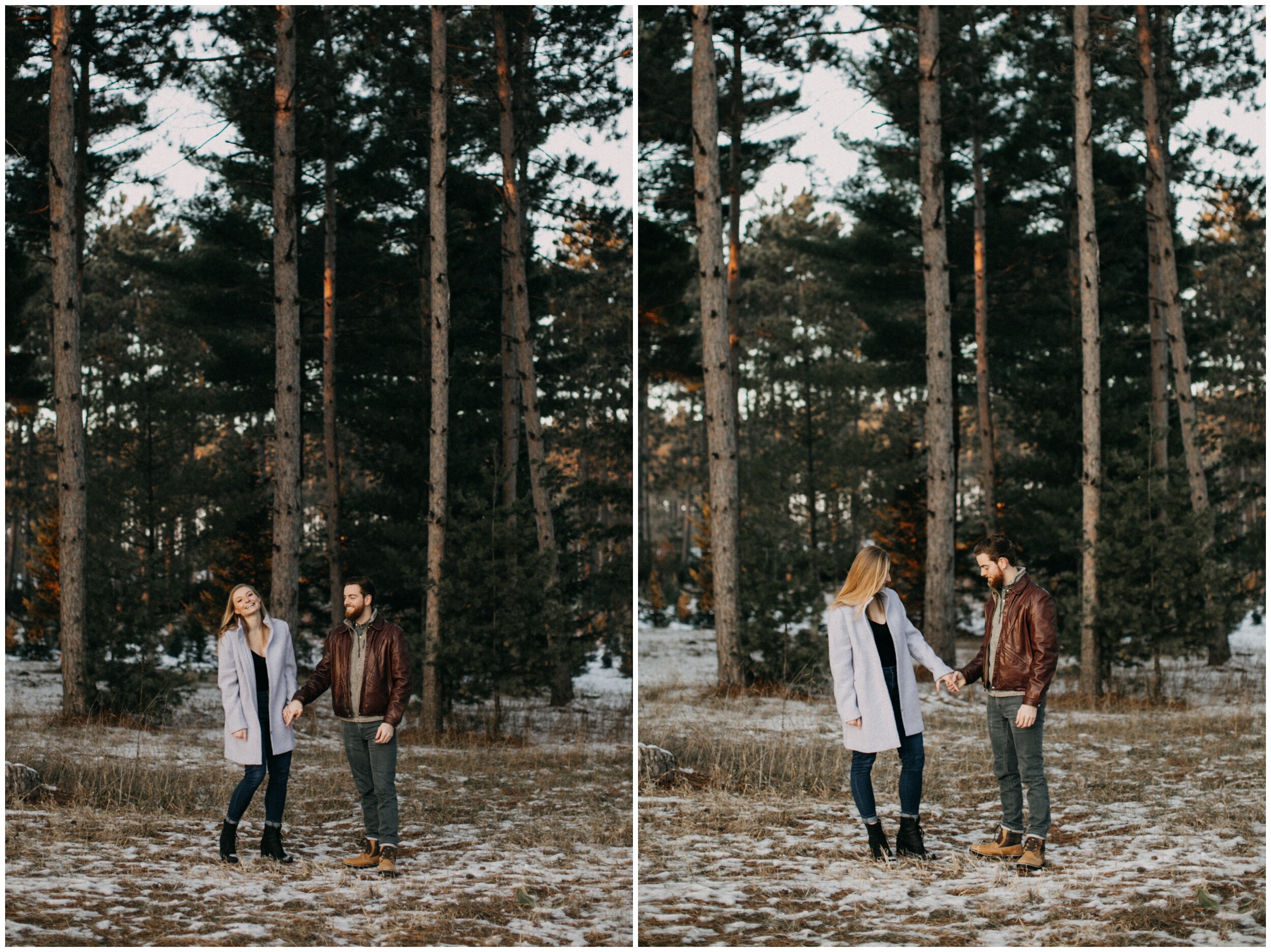 Couple holding hands at Minnesota Christmas tree farm 