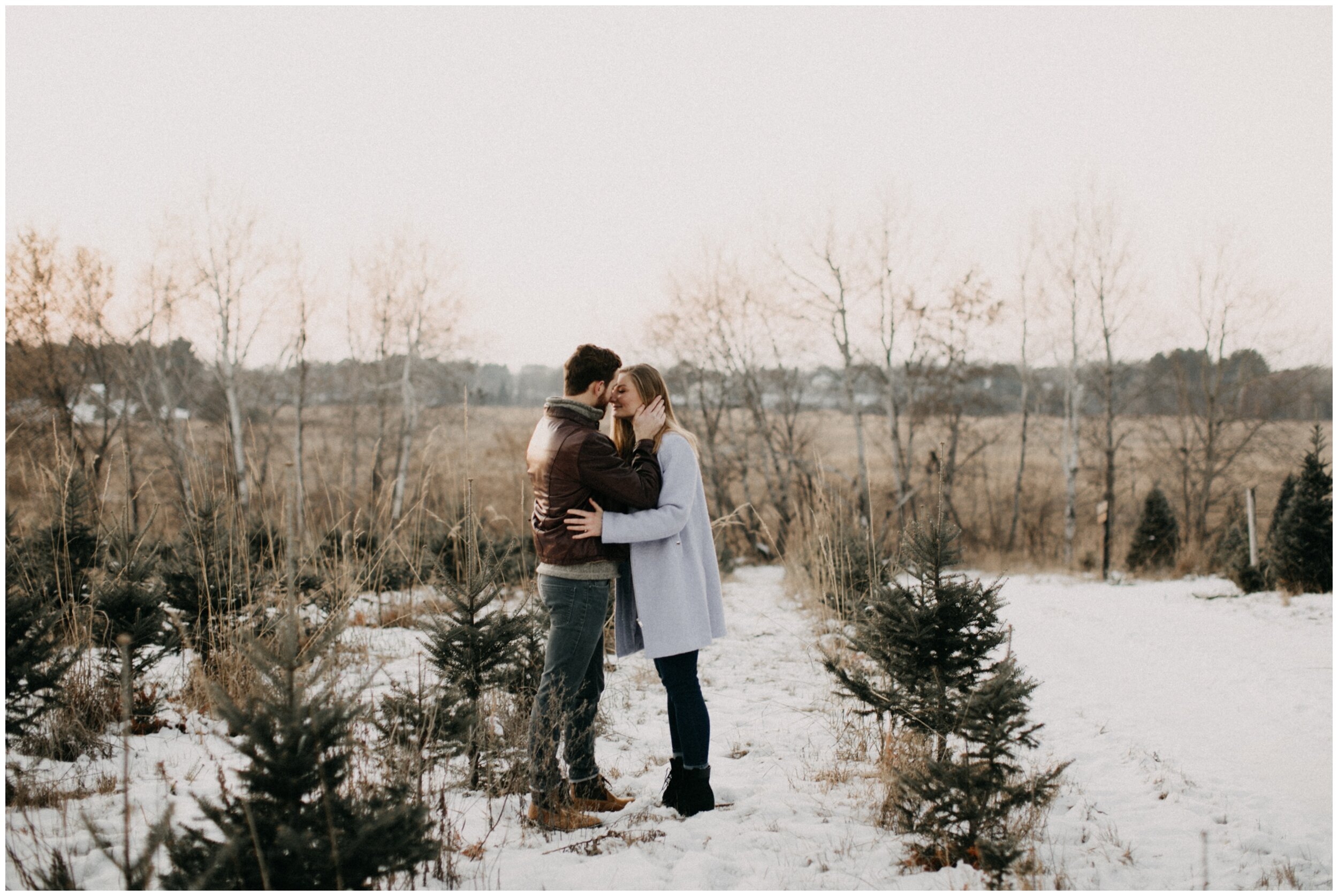 Couple kissing during engagement session at Minnesota Christmas tree farm