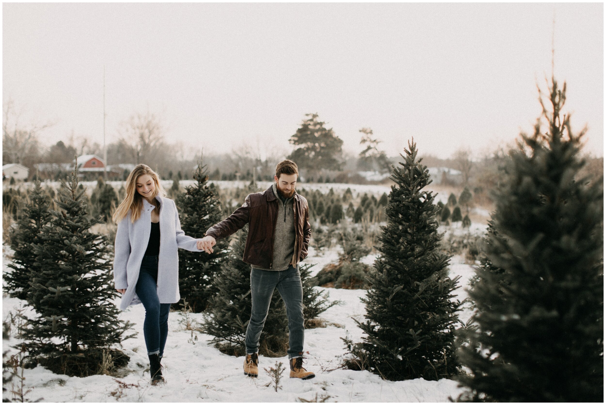 Couple holding hands while walking through snowy pine tree farm in Minnesota