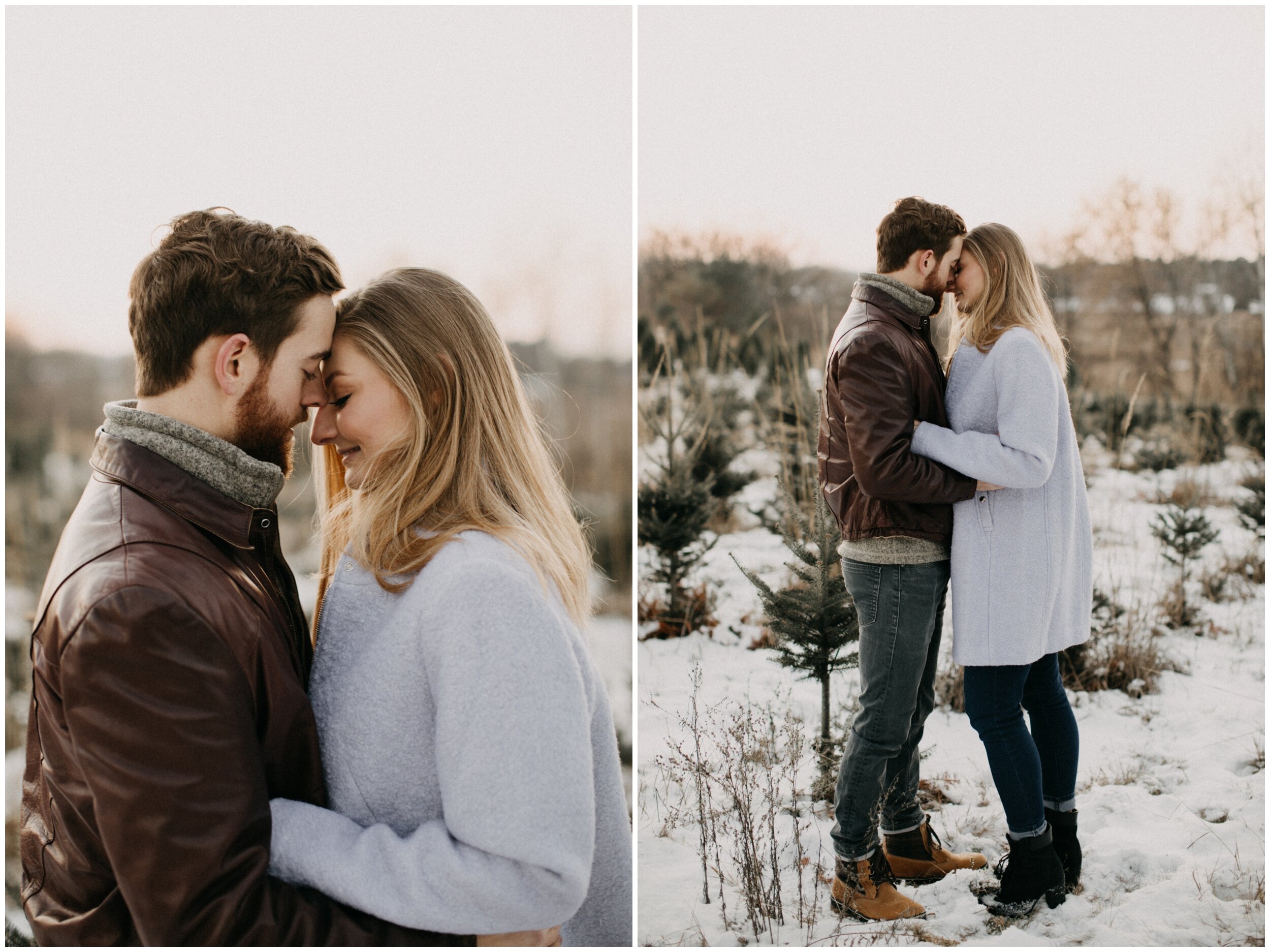 Couple touching foreheads while standing on snow covered ground during engagement session at Minnesota Christmas tree farm 