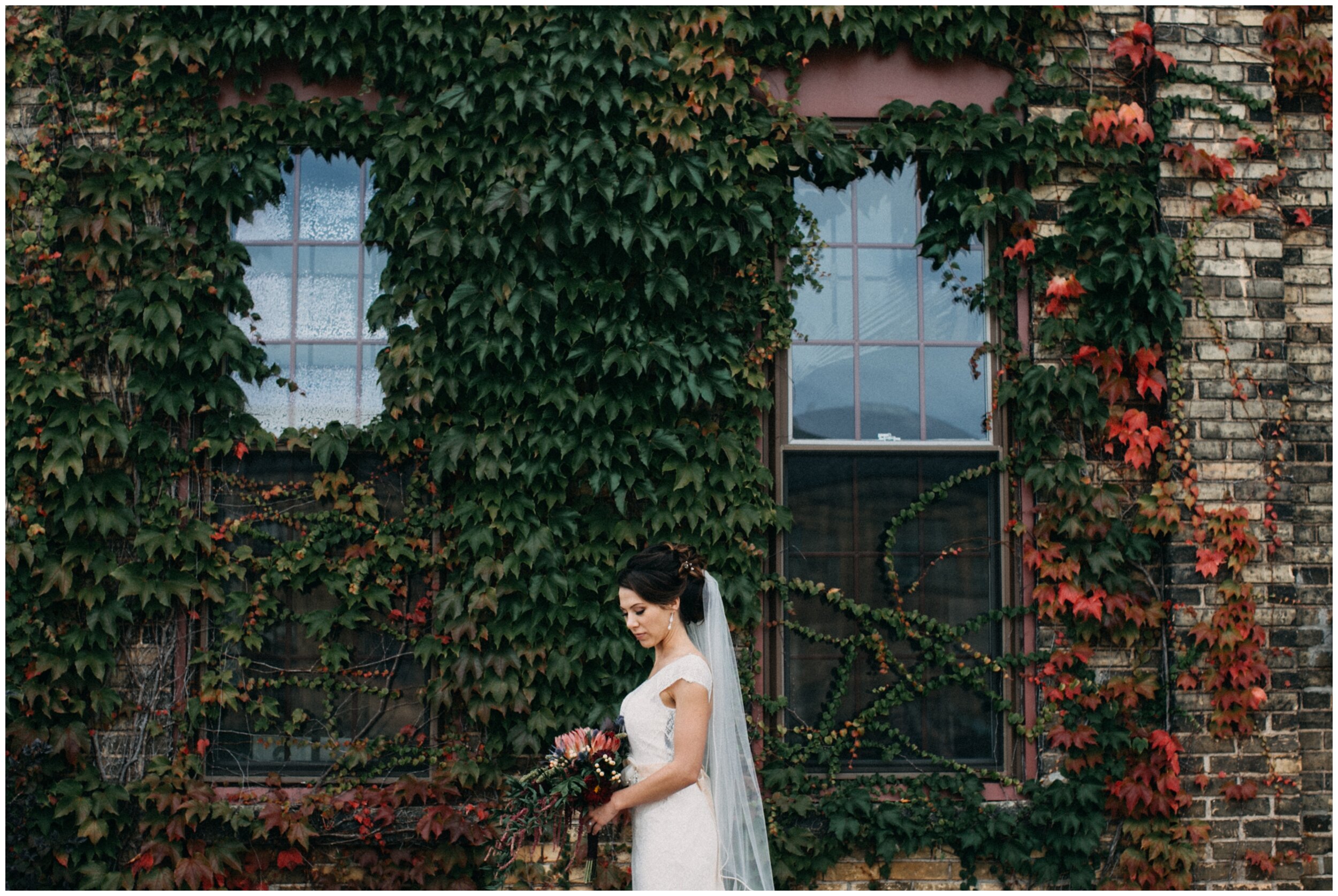Bride standing in front of ivy covered, brick wall during northern pacific center wedding in Brainerd, Minnesota