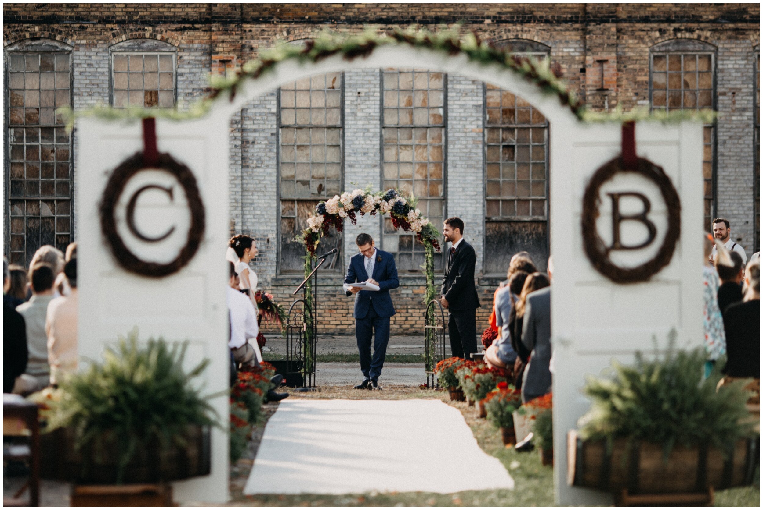 Romantic outdoor wedding ceremony at the Northern Pacific Center in Brainerd, Minnesota