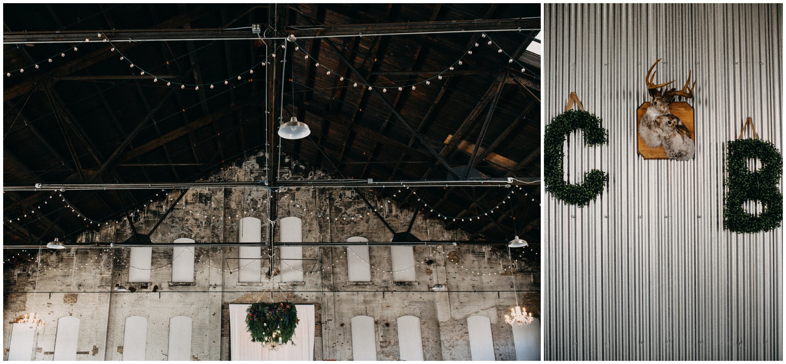 Romantic, industrial decor during wedding reception at Blacksmith Main in Brainerd, Minnesota