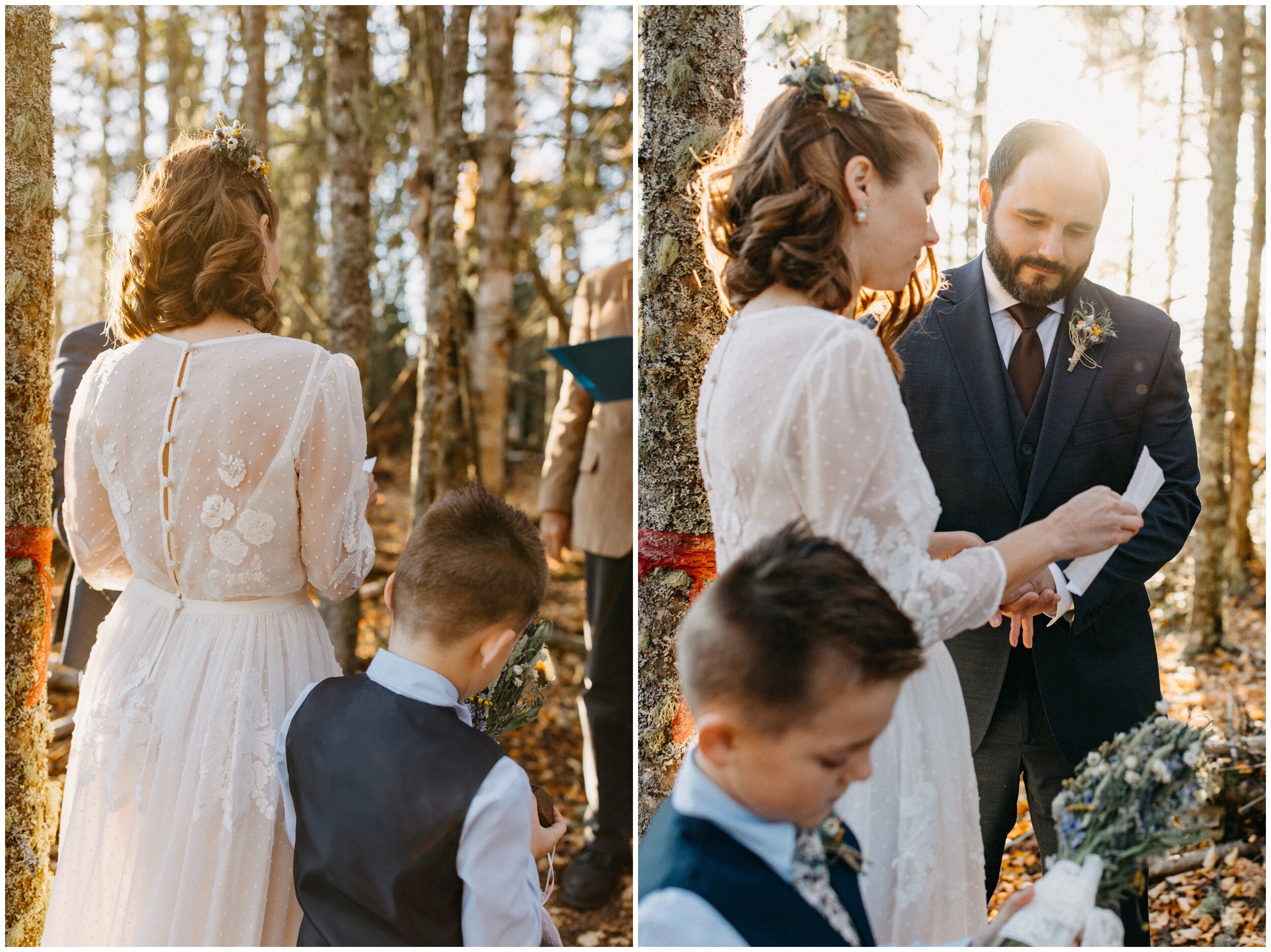 Bride reading wedding vows during ceremony in the woods on Artists' Point in Grand Marais, MN