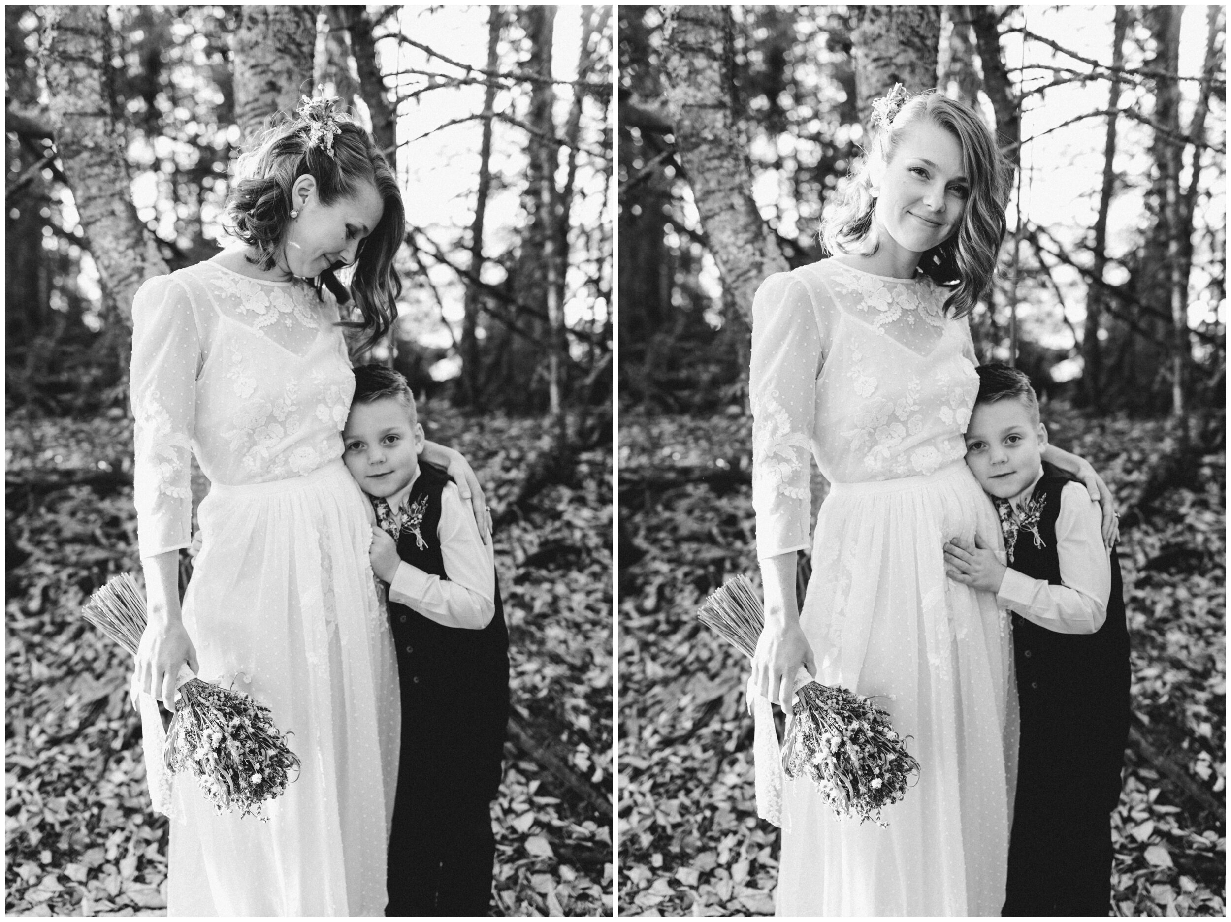 Bride with son on wedding day in the woods on Artists' Point