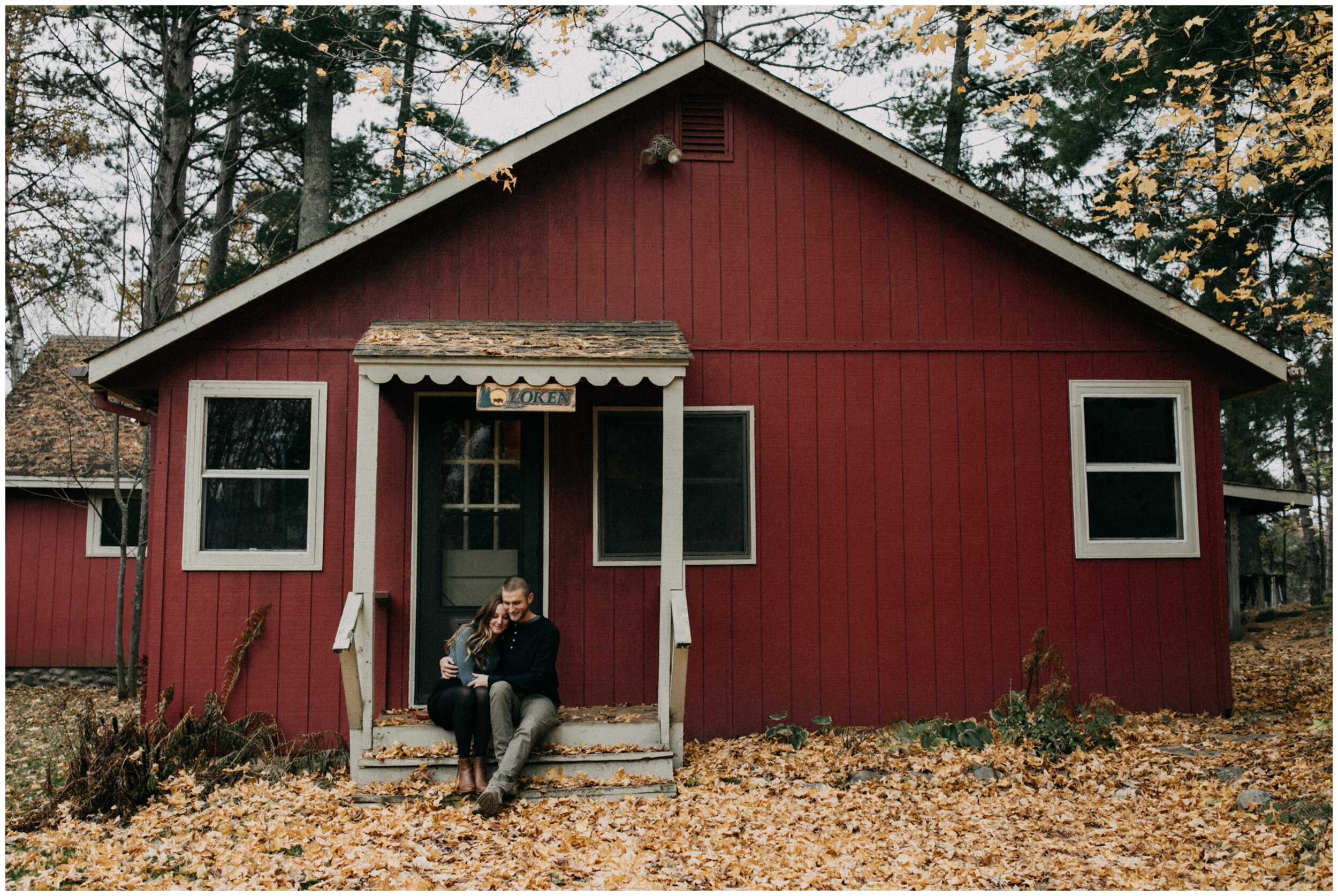 Northern Minnesota nostalgic little red cabin engagement 