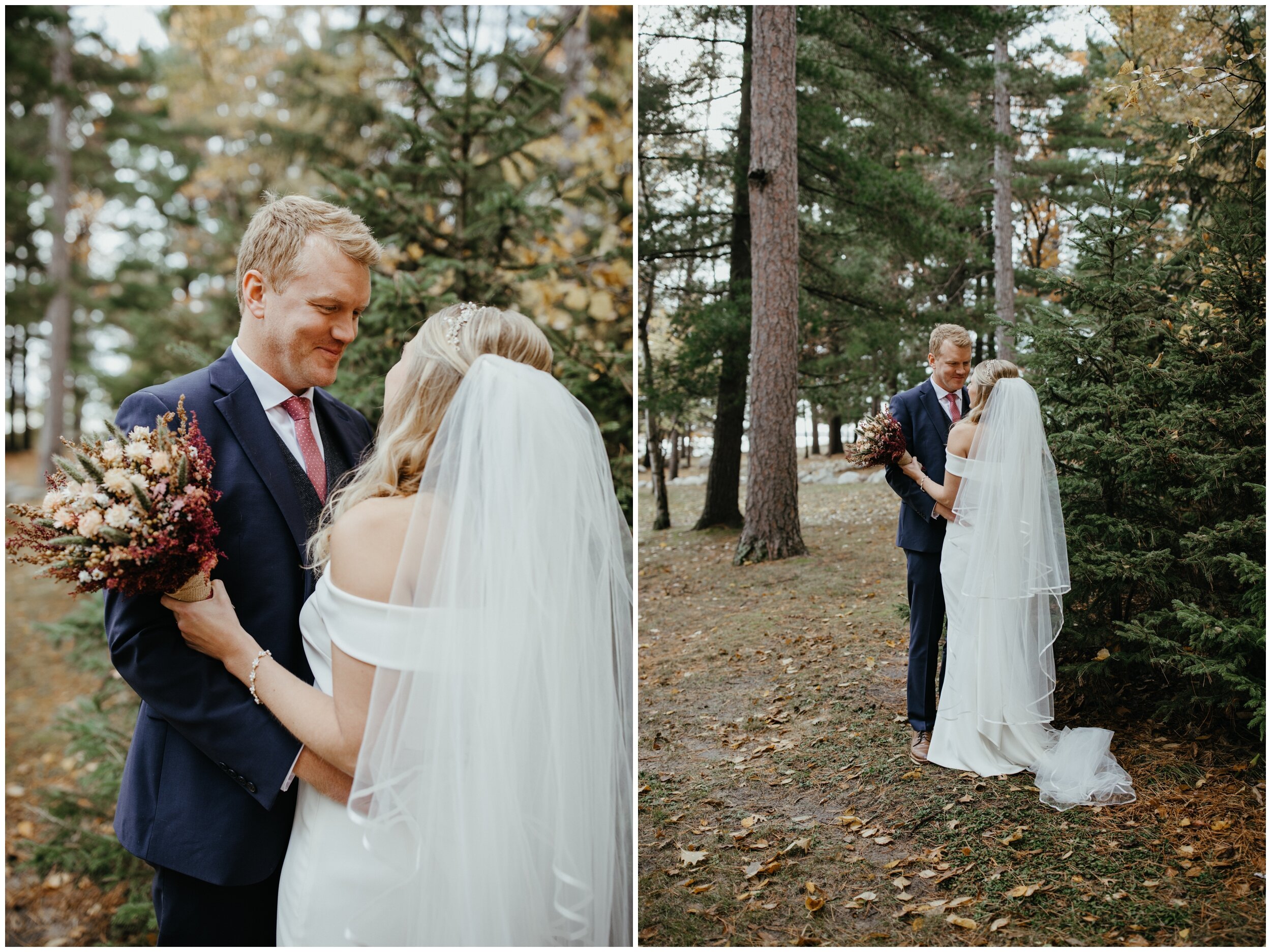 Bride and groom just married during fall wedding on Crosslake in Minnesota