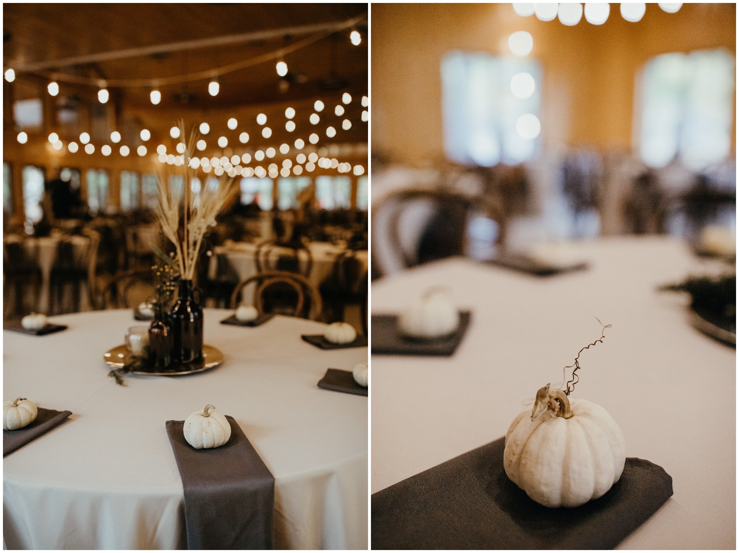 Mini white pumpkins fall wedding table decor