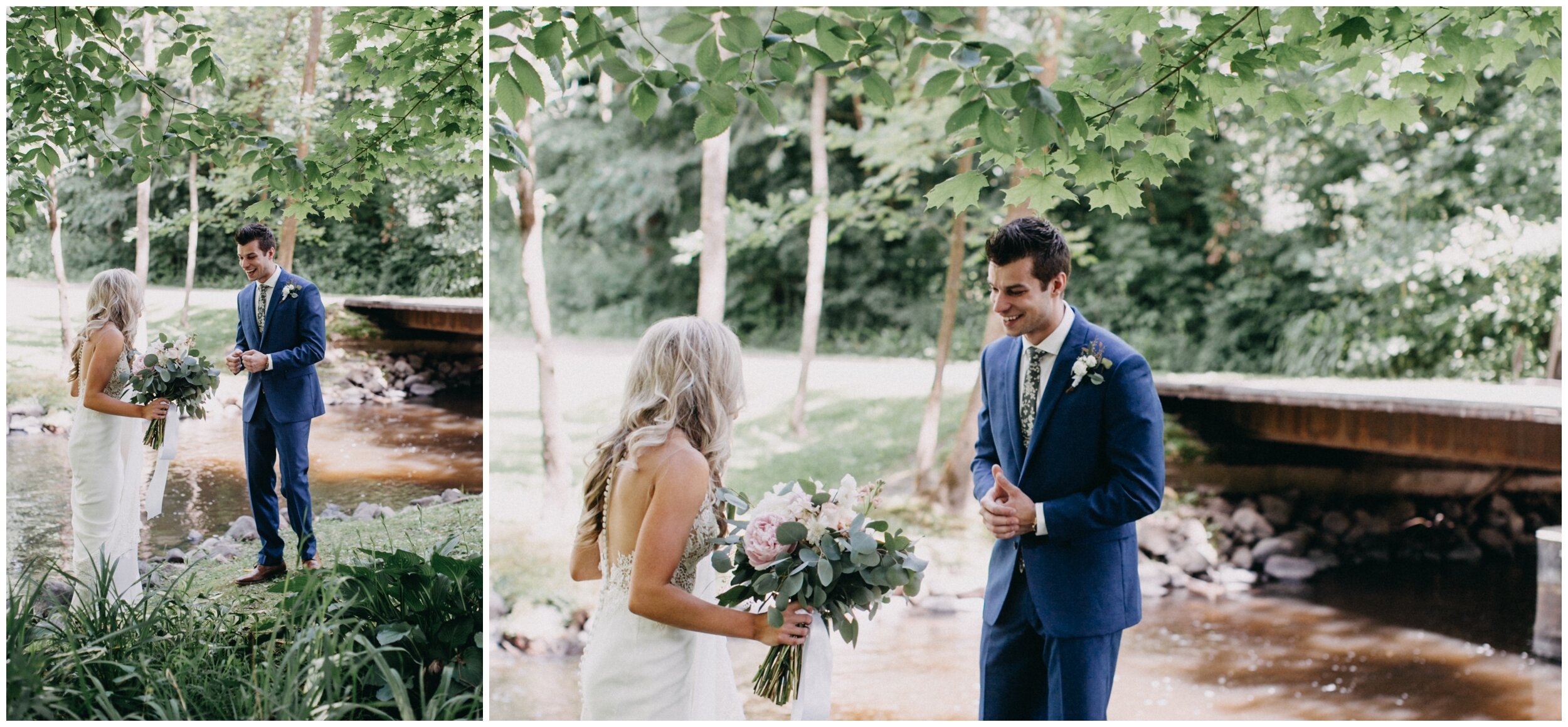 Bride and groom first look by creek in the woods at Minnesota farm wedding venue