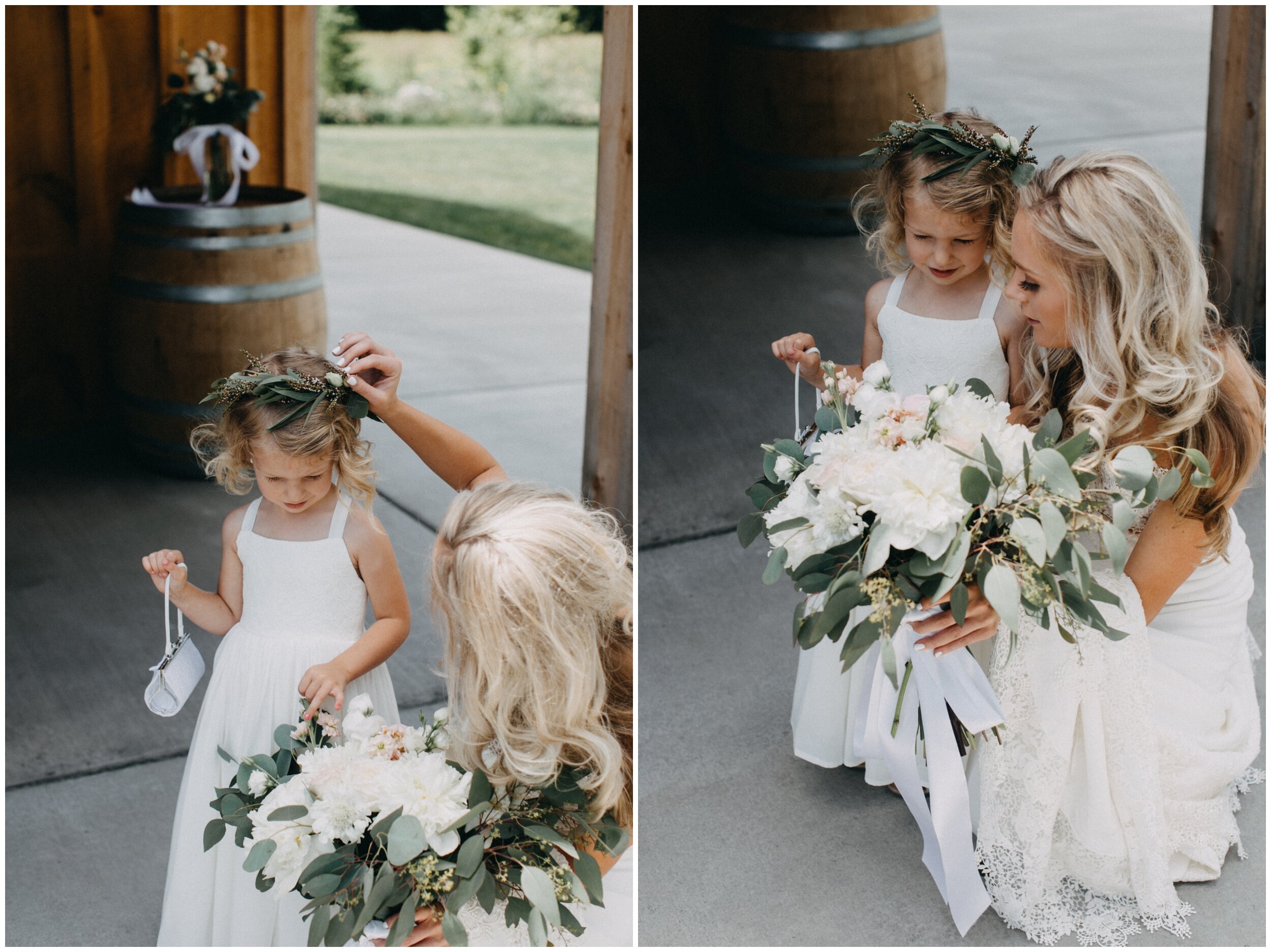 Bride and flower girl outside barn at Creekside Farm