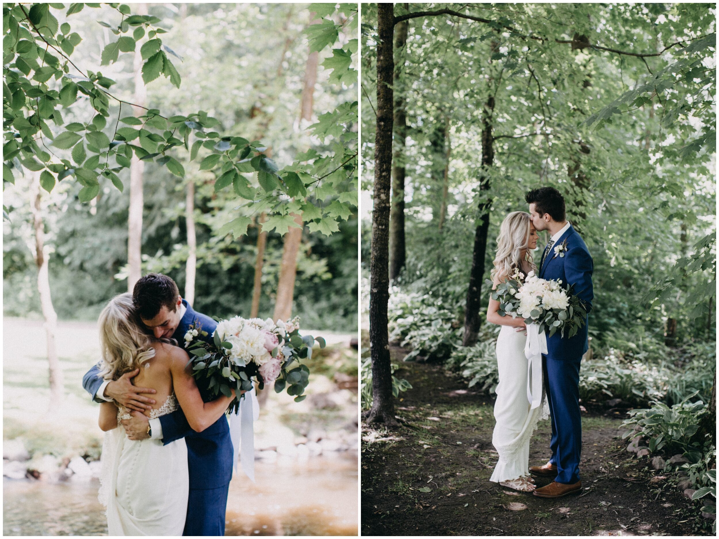 Bride and groom in the woods at Minnesota barn wedding venue
