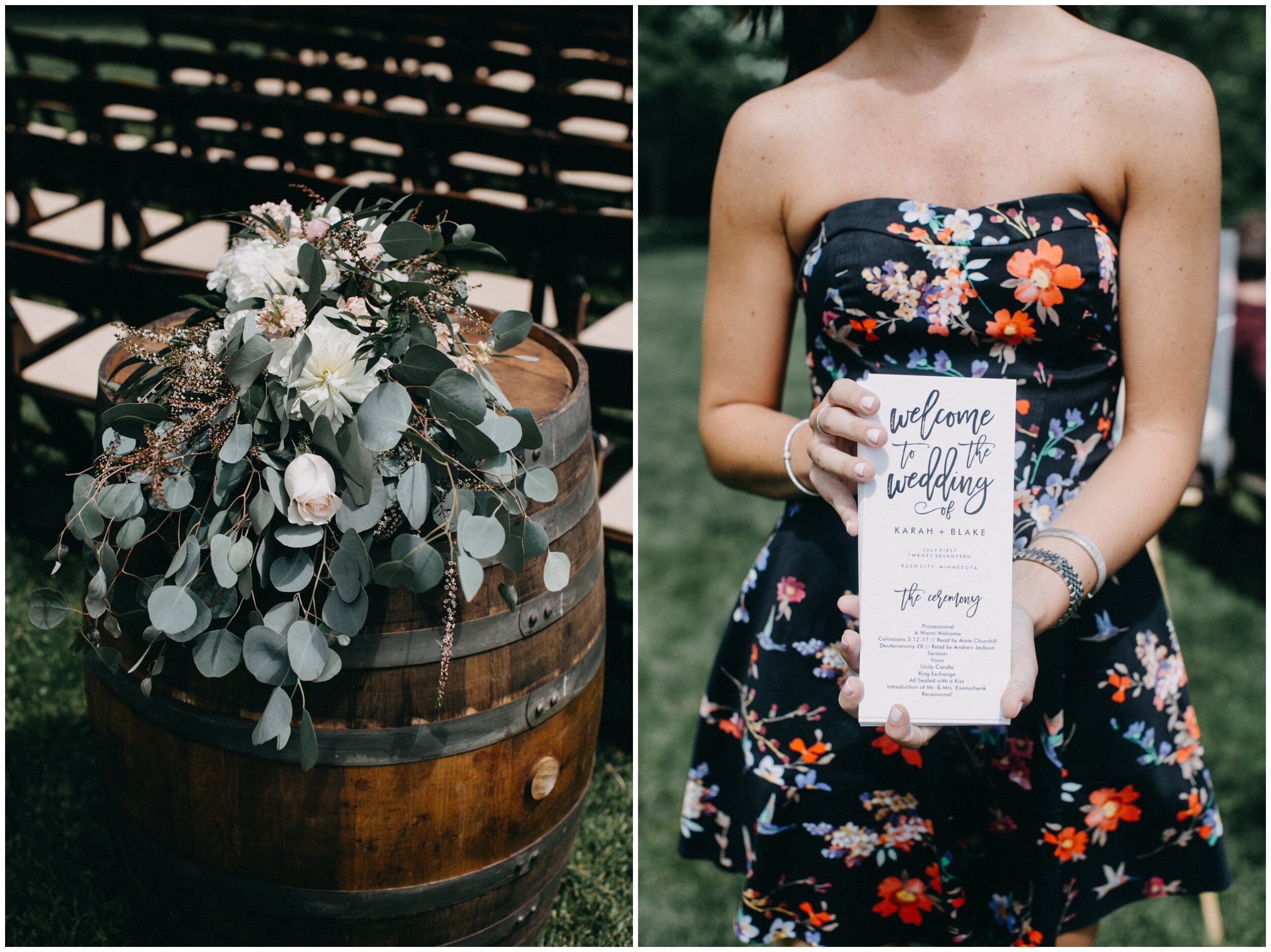 Romantic flower details at outdoor barn wedding ceremony at Creekside Farm