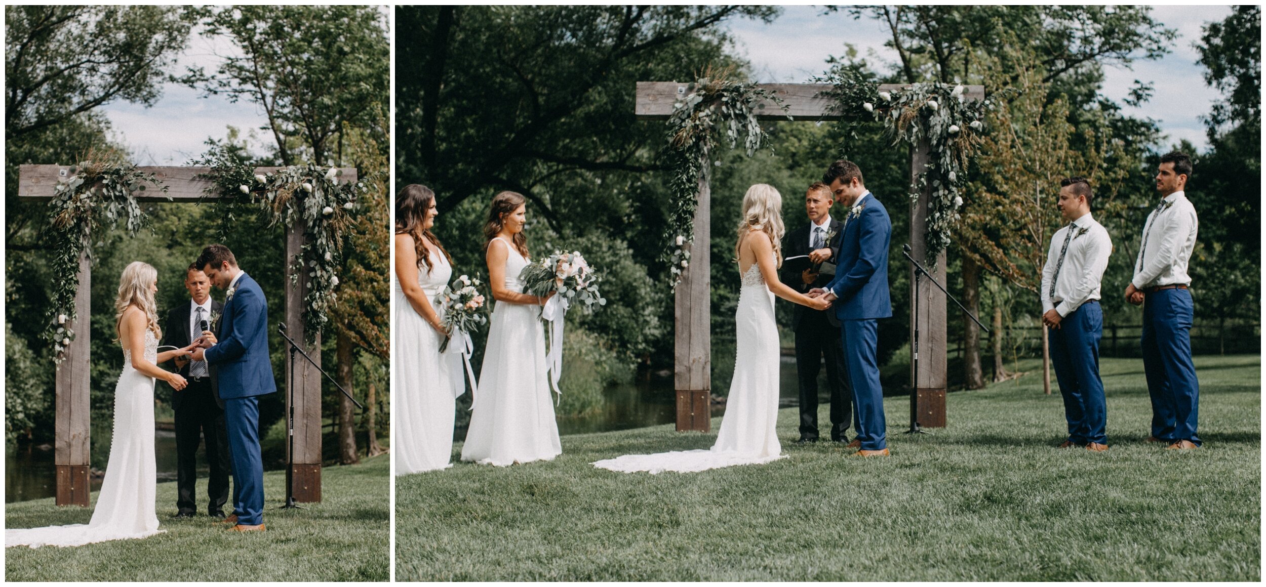 Bride and groom exchanging wedding rings during ceremony at Minnesota barn wedding