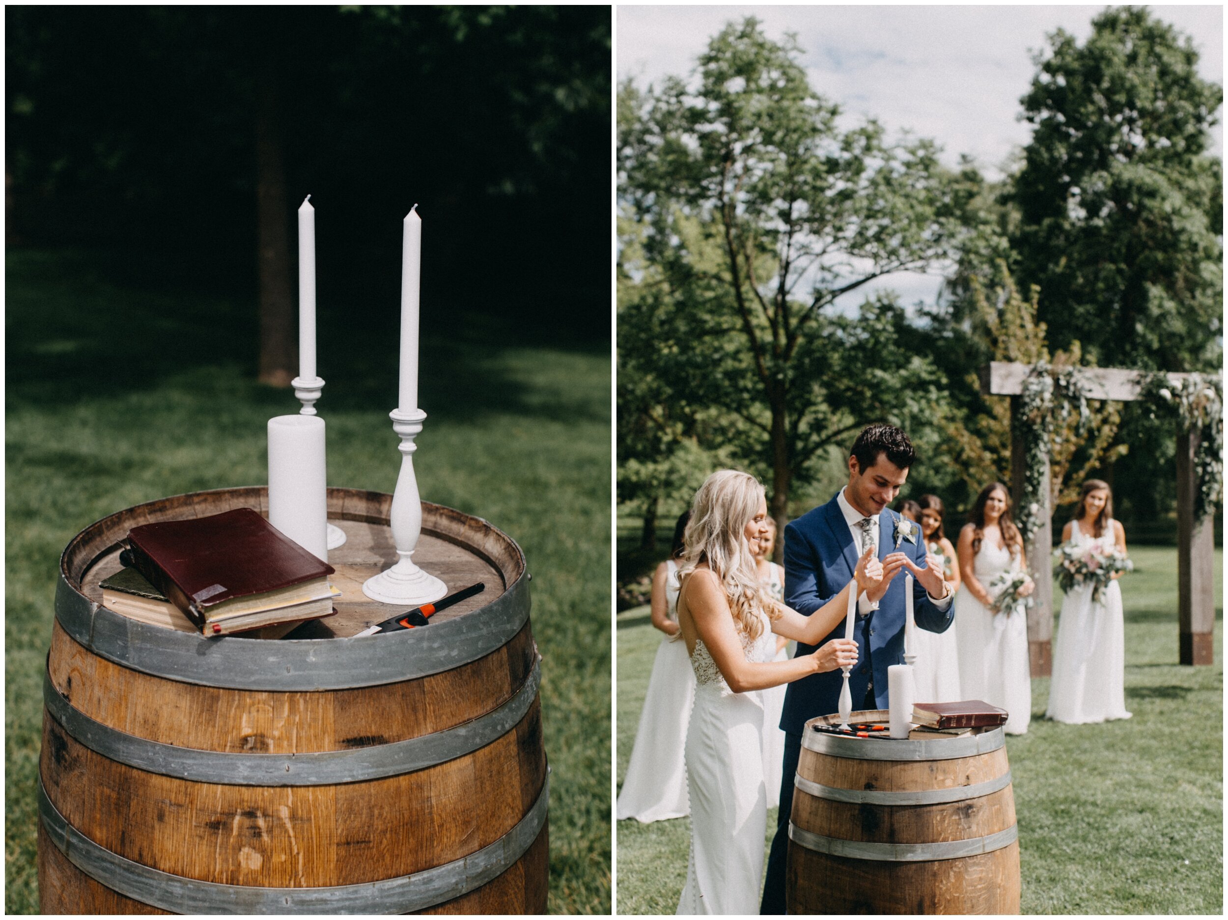 Bride and groom lighting unity candle during outdoor Minnesota barn wedding ceremony