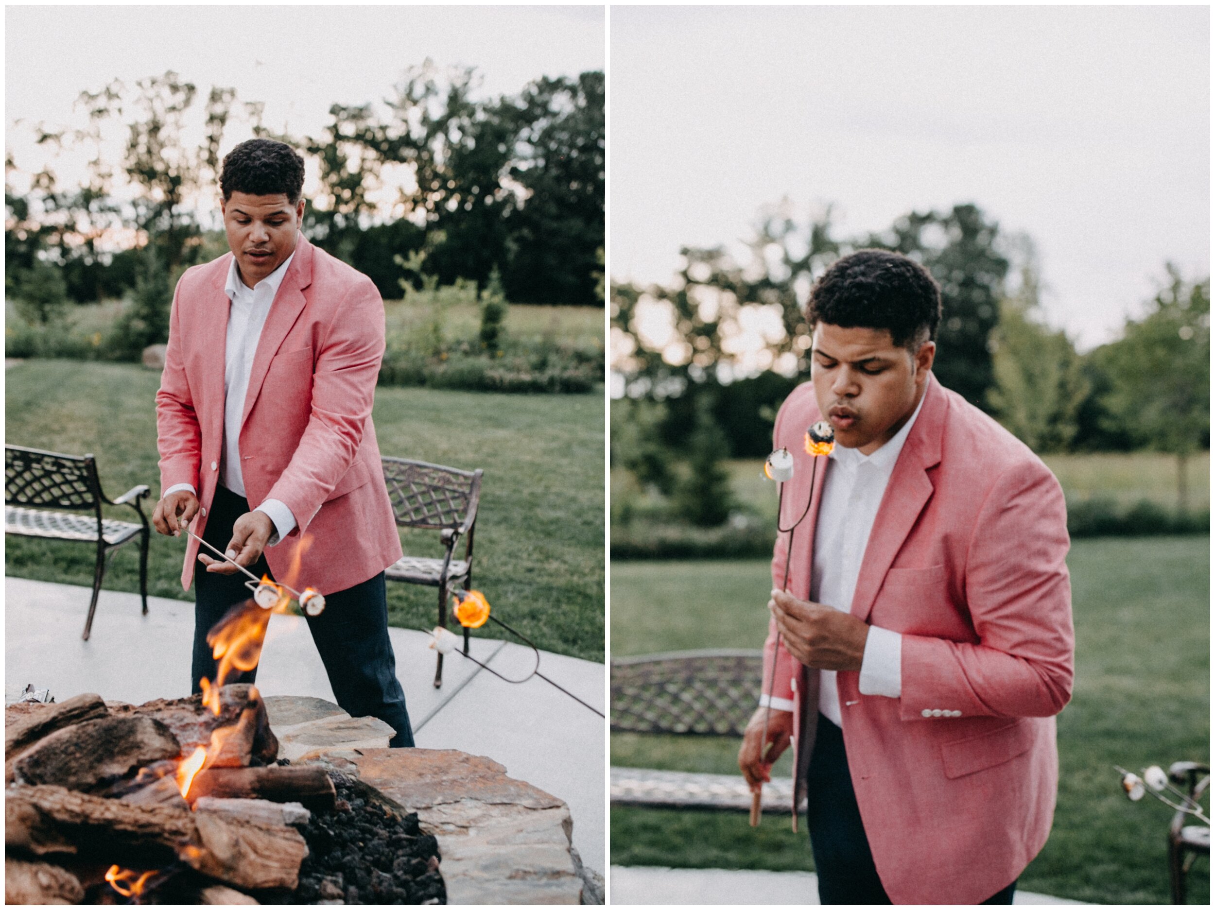 Guest roasting marshmallows at outdoor barn wedding reception