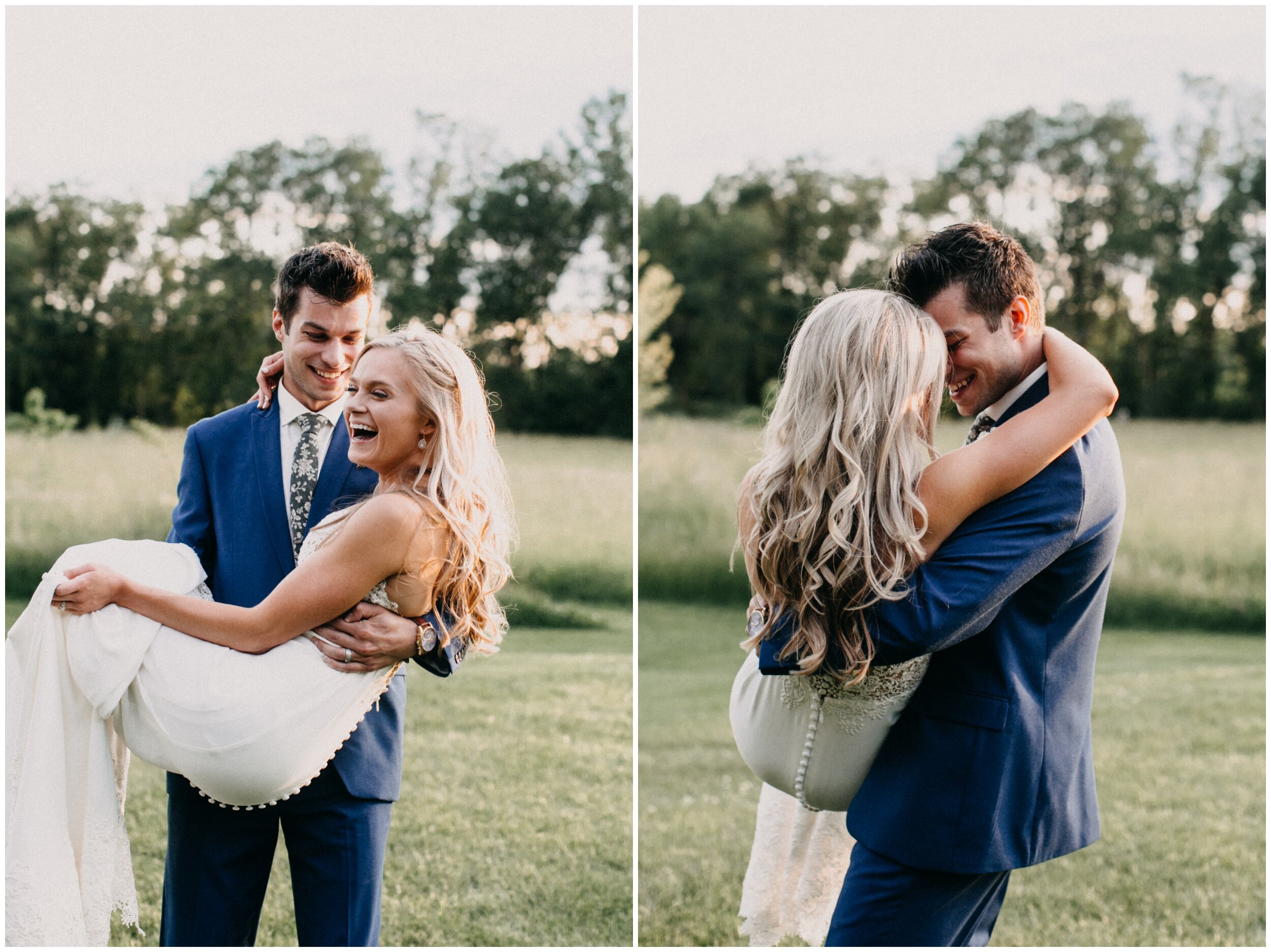 Groom carrying bride at sunset after Minnesota barn wedding