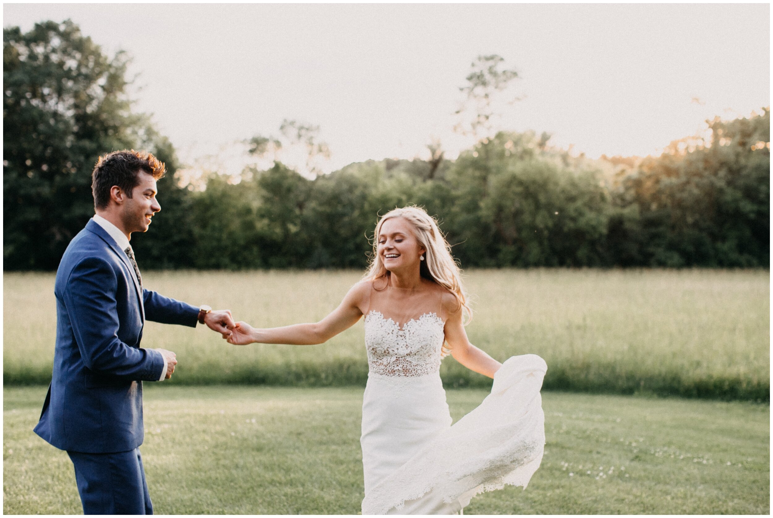 Bride and groom dancing during sunset at Minnesota farm wedding