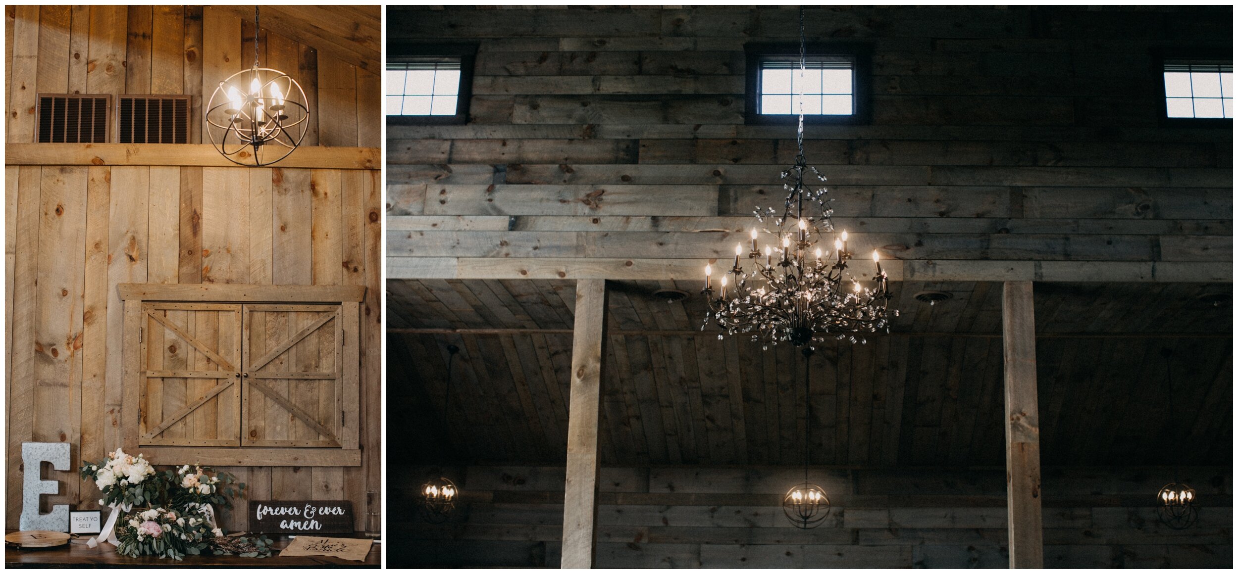 Indoor barn wedding reception with chandelier at Creekside Farm in Rushing City, Minnesota