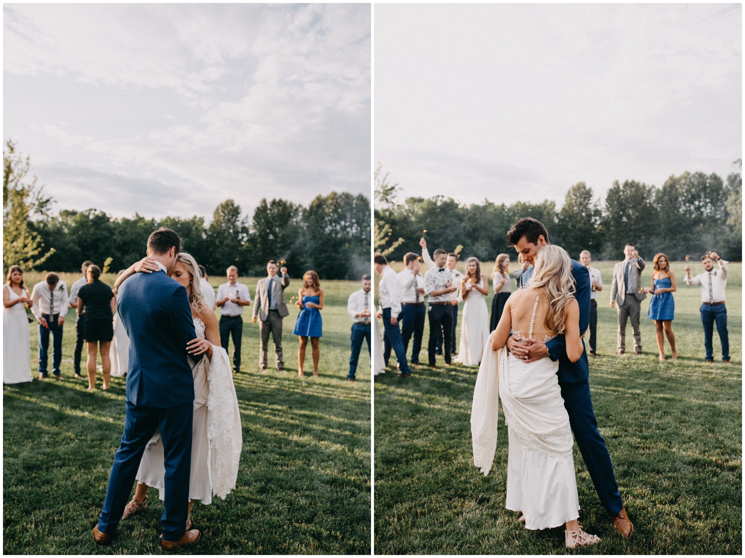 Bride and groom dancing while guests surround them holding sparklers at Creekside Farm wedding