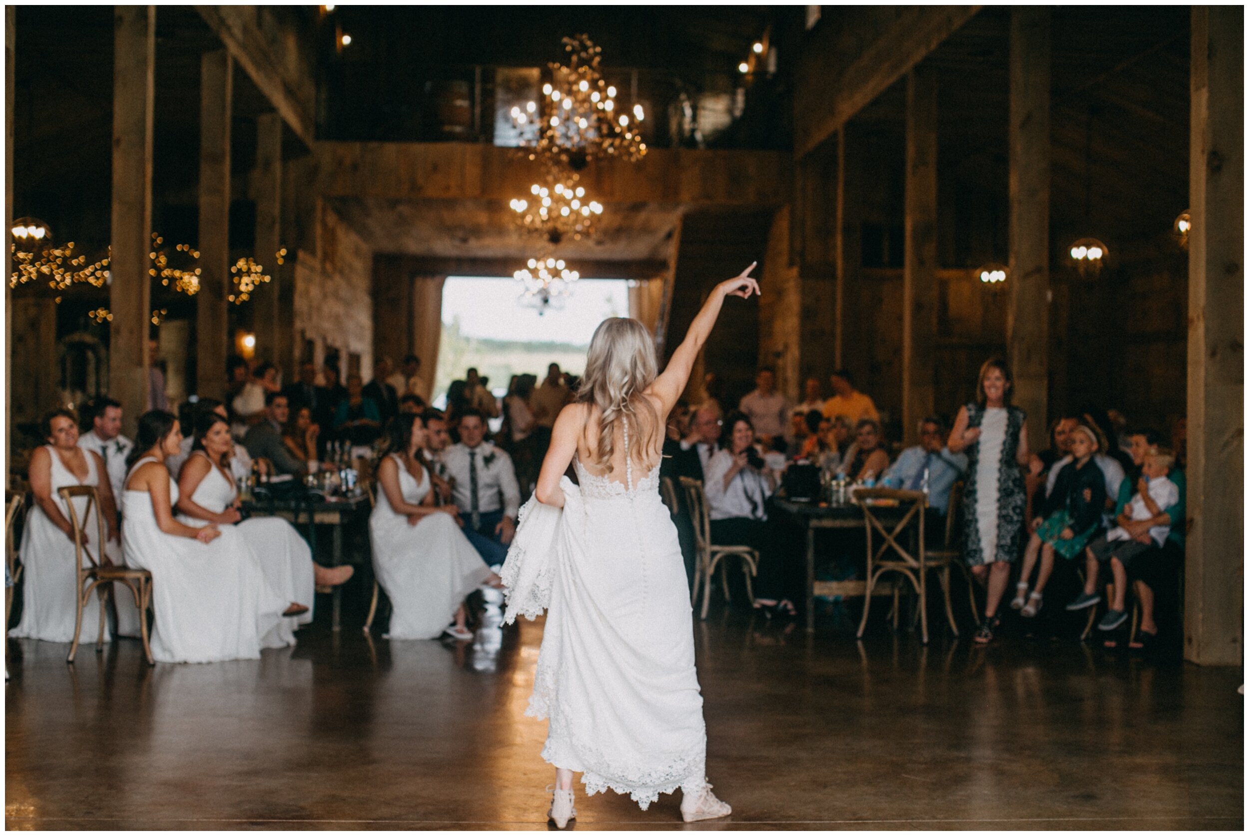 Bride dancing in barn at Creekside Farm