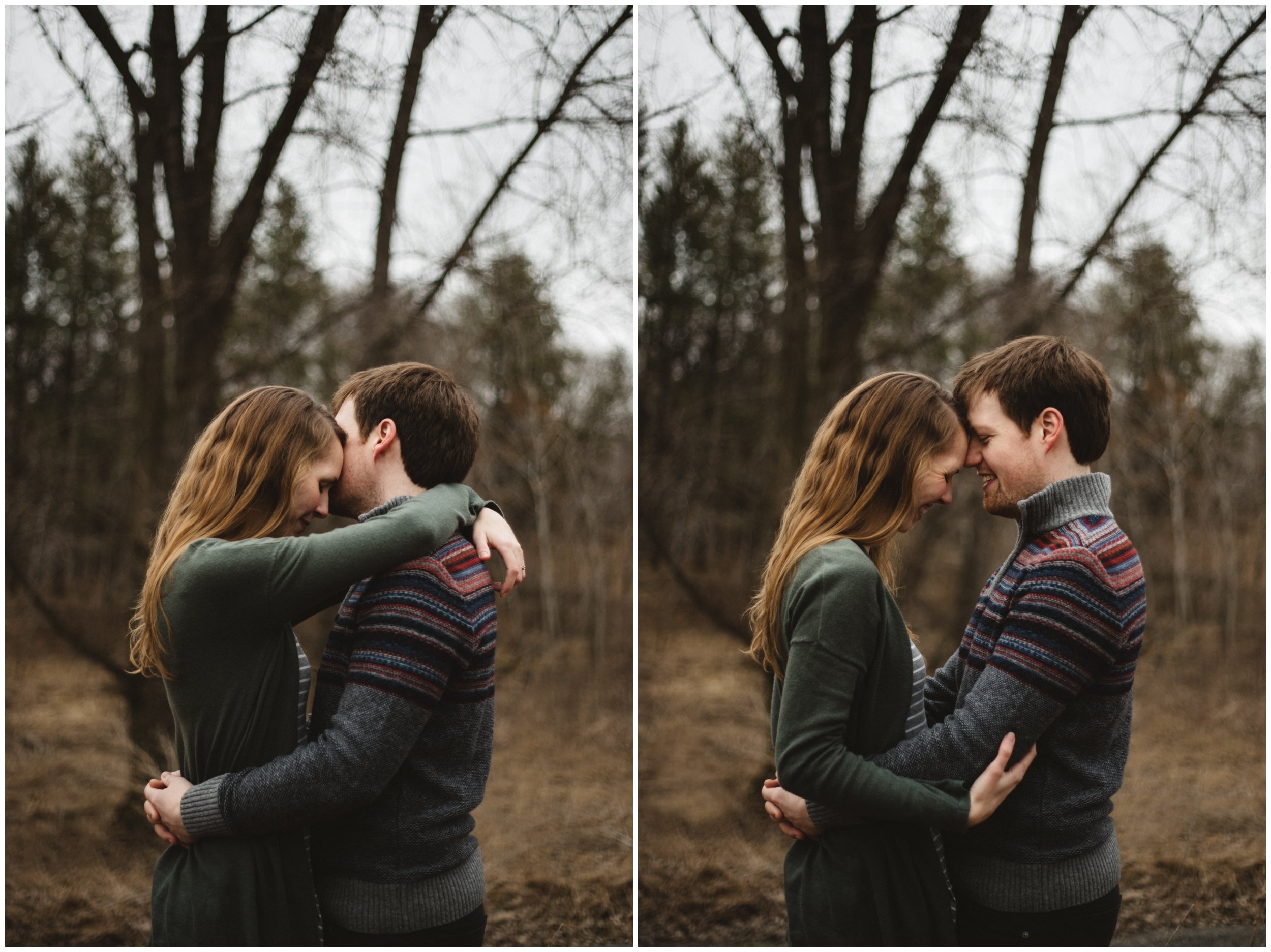 Couple hugging during romantic engagement session in Brainerd, Minnesota