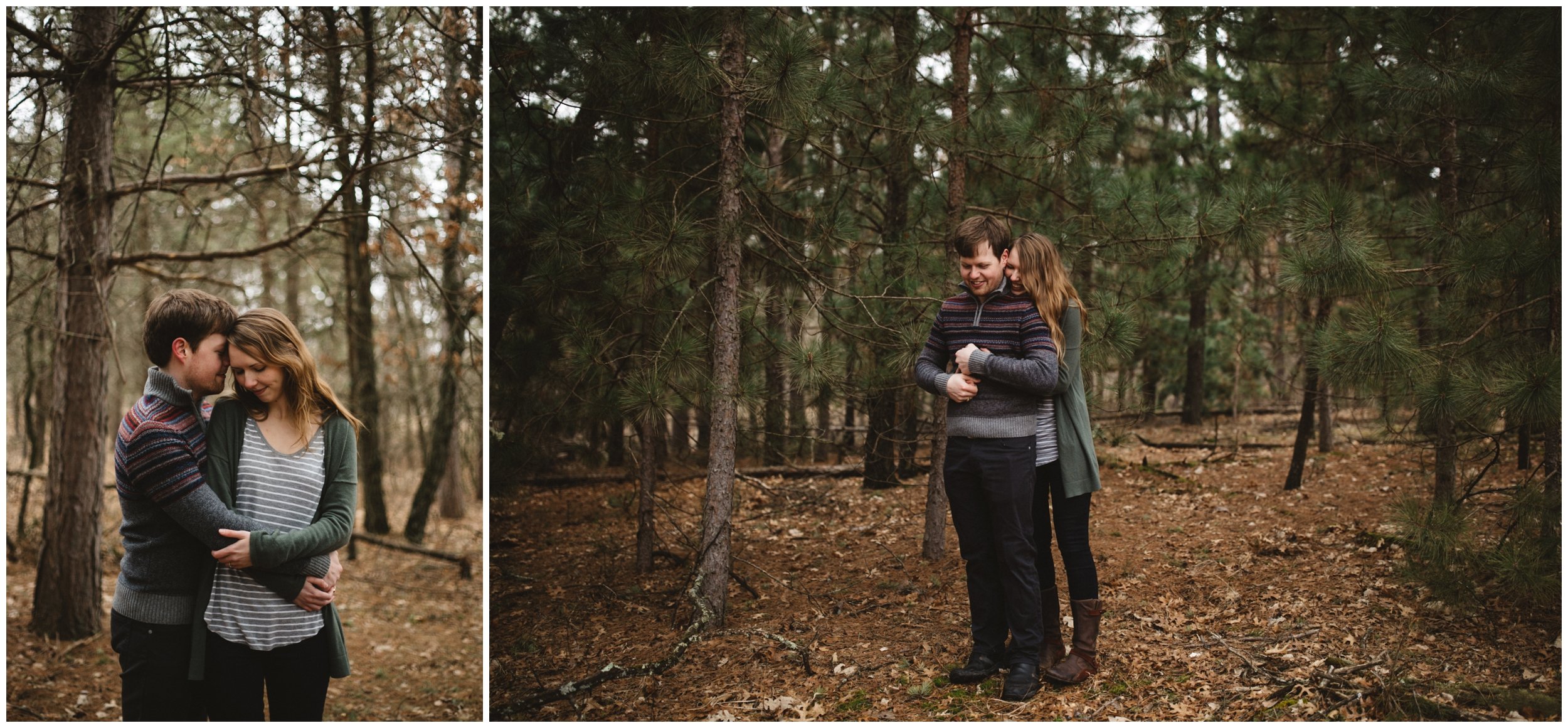 Engaged couple standing in the woods hugging during engagement session in Brainerd, Minnesota
