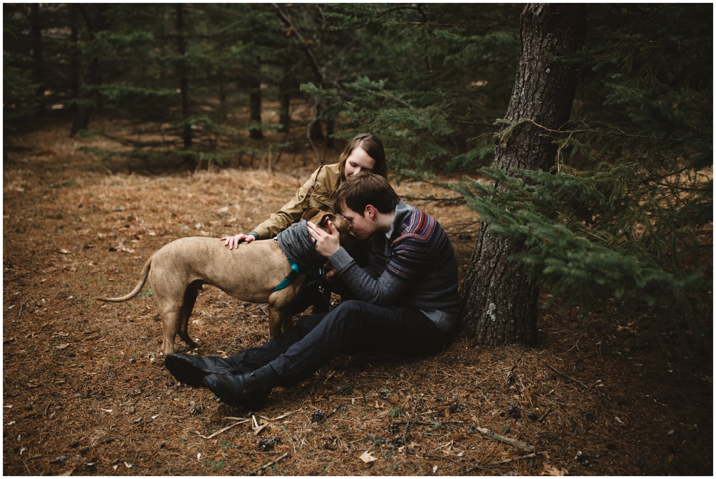 Couple with their pitbull in the woods during their engagement session in Brainerd, Minnesota