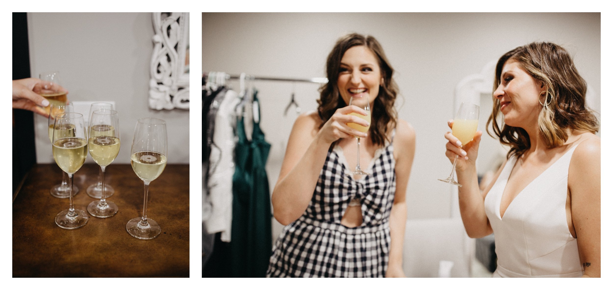 Bride and bridesmaid toasting champagne while getting ready for vineyard wedding