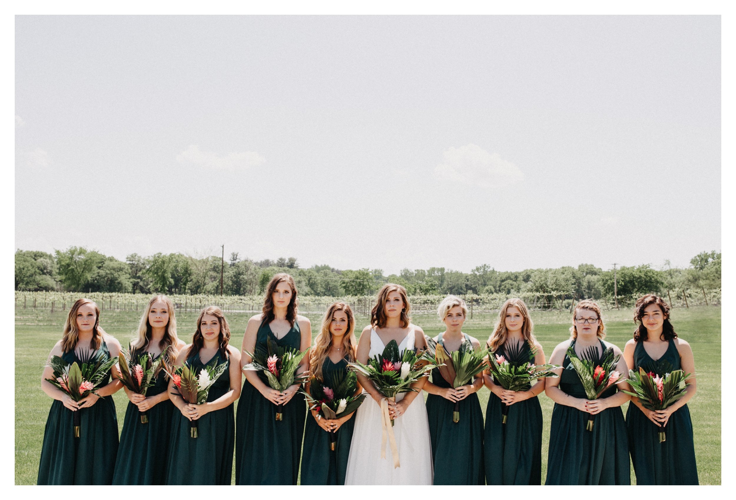 Bride and bridesmaids standing in front of vineyard at Minnesota winery wedding