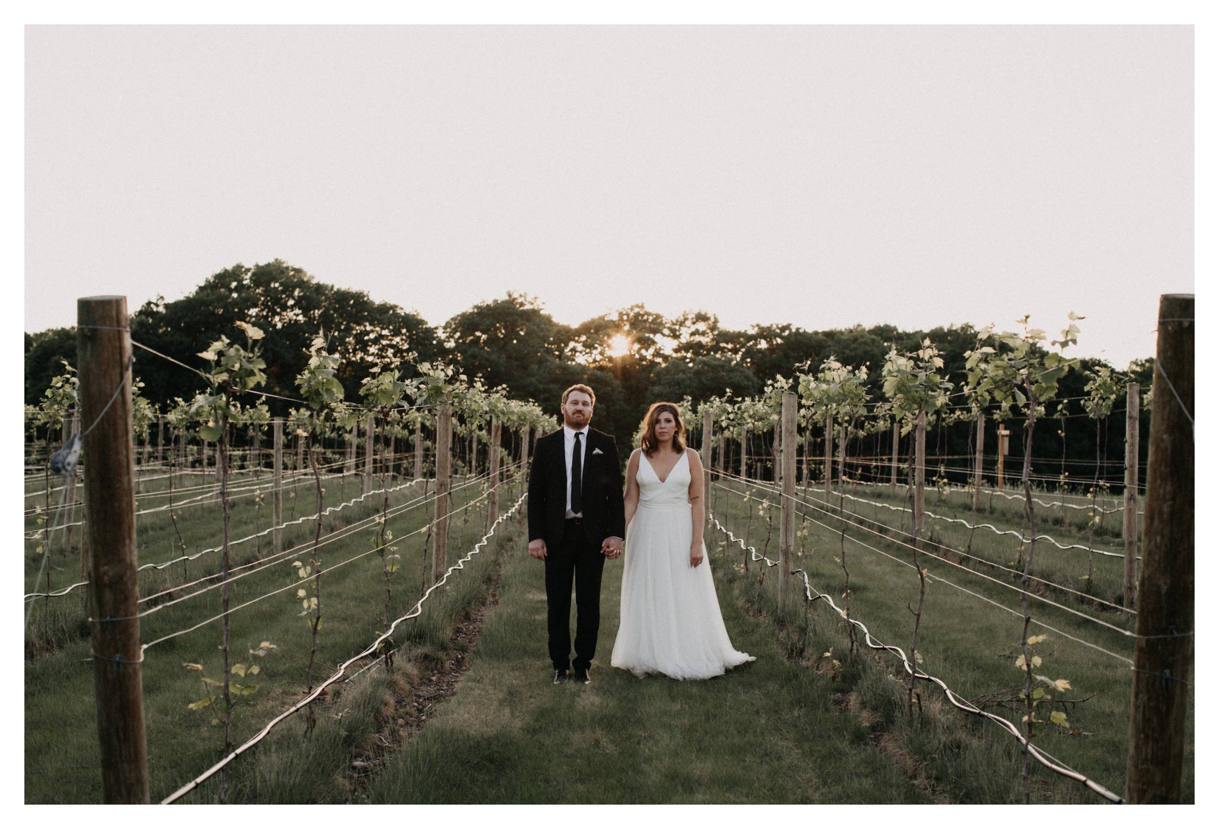 Bride and groom standing in vineyard during sunset at Minnesota winery wedding