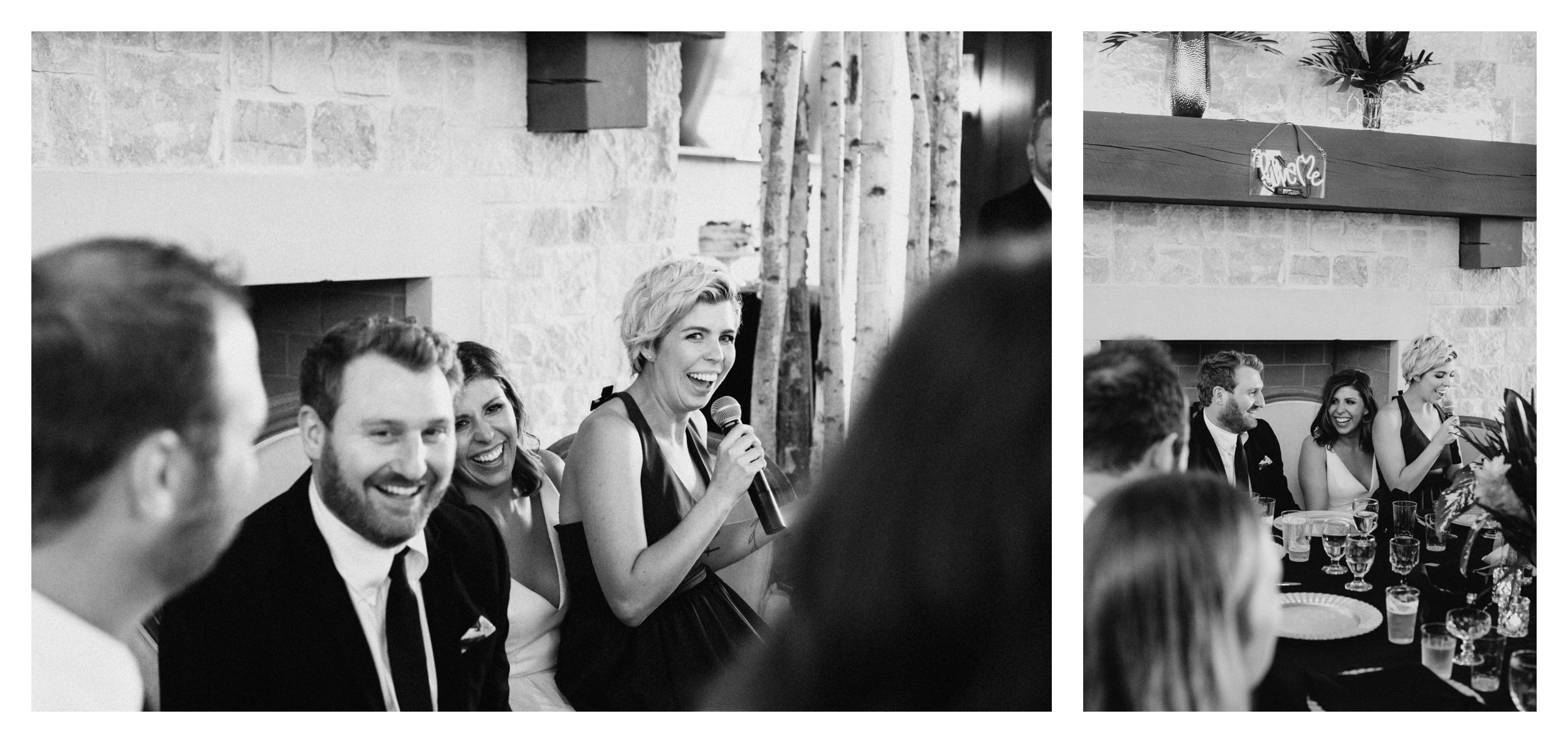 Bridesmaid giving speech while bride and groom laugh at 7 vines vineyard wedding reception