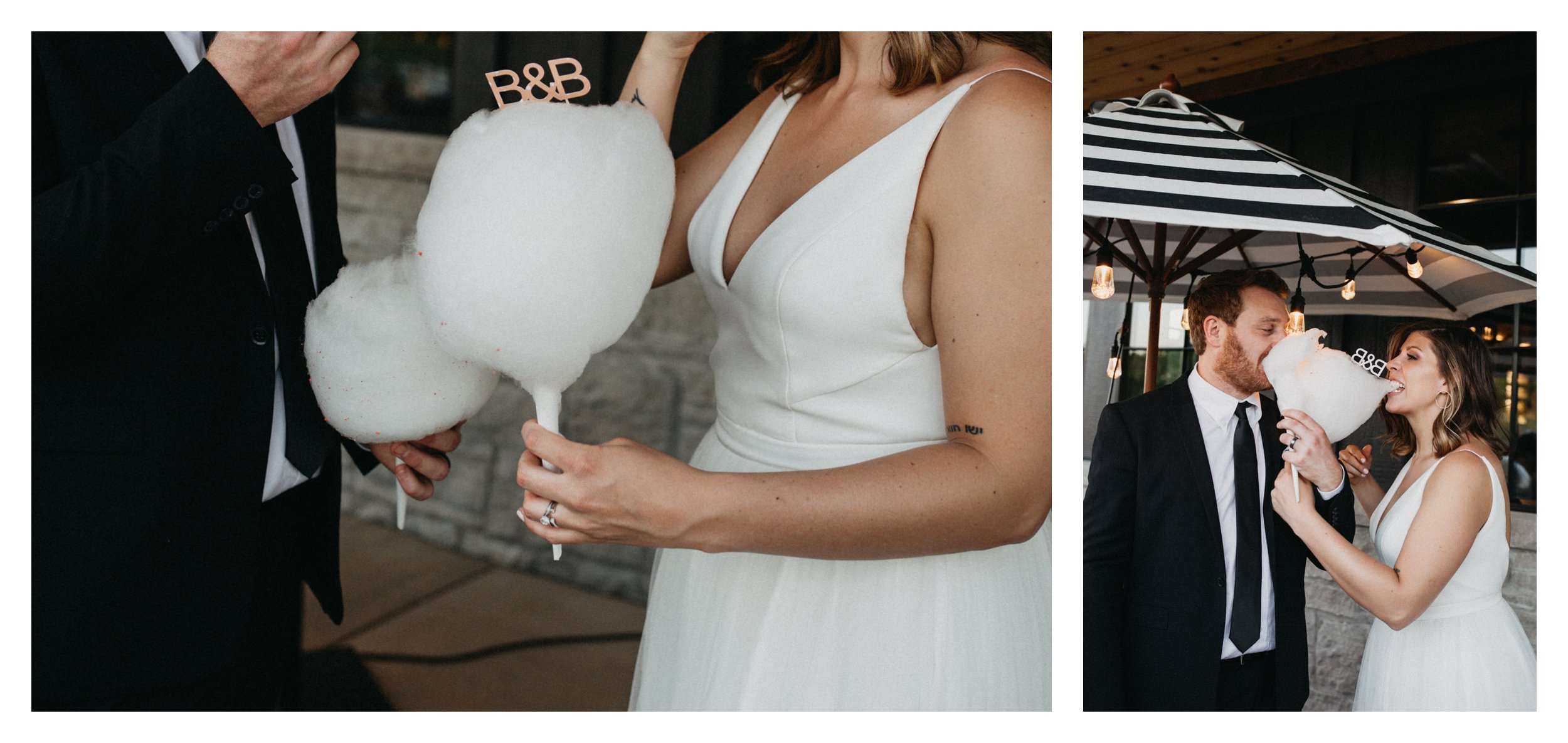 Bride and groom sharing cotton candy at 7 vines vineyard wedding