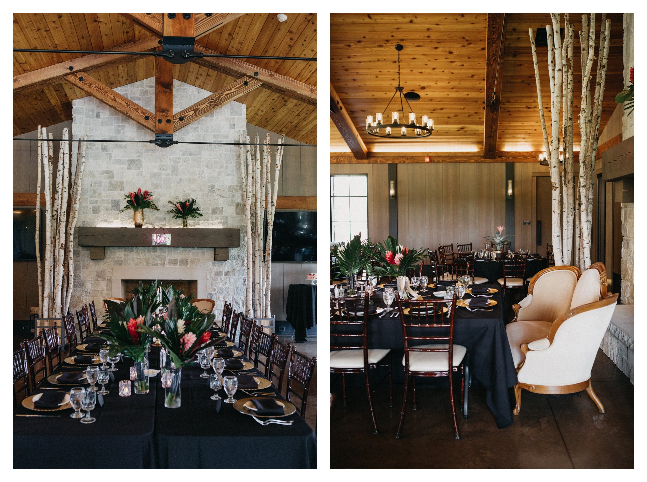 Romantic table setting in front of stone fireplace at 7 Vines vineyard wedding venue