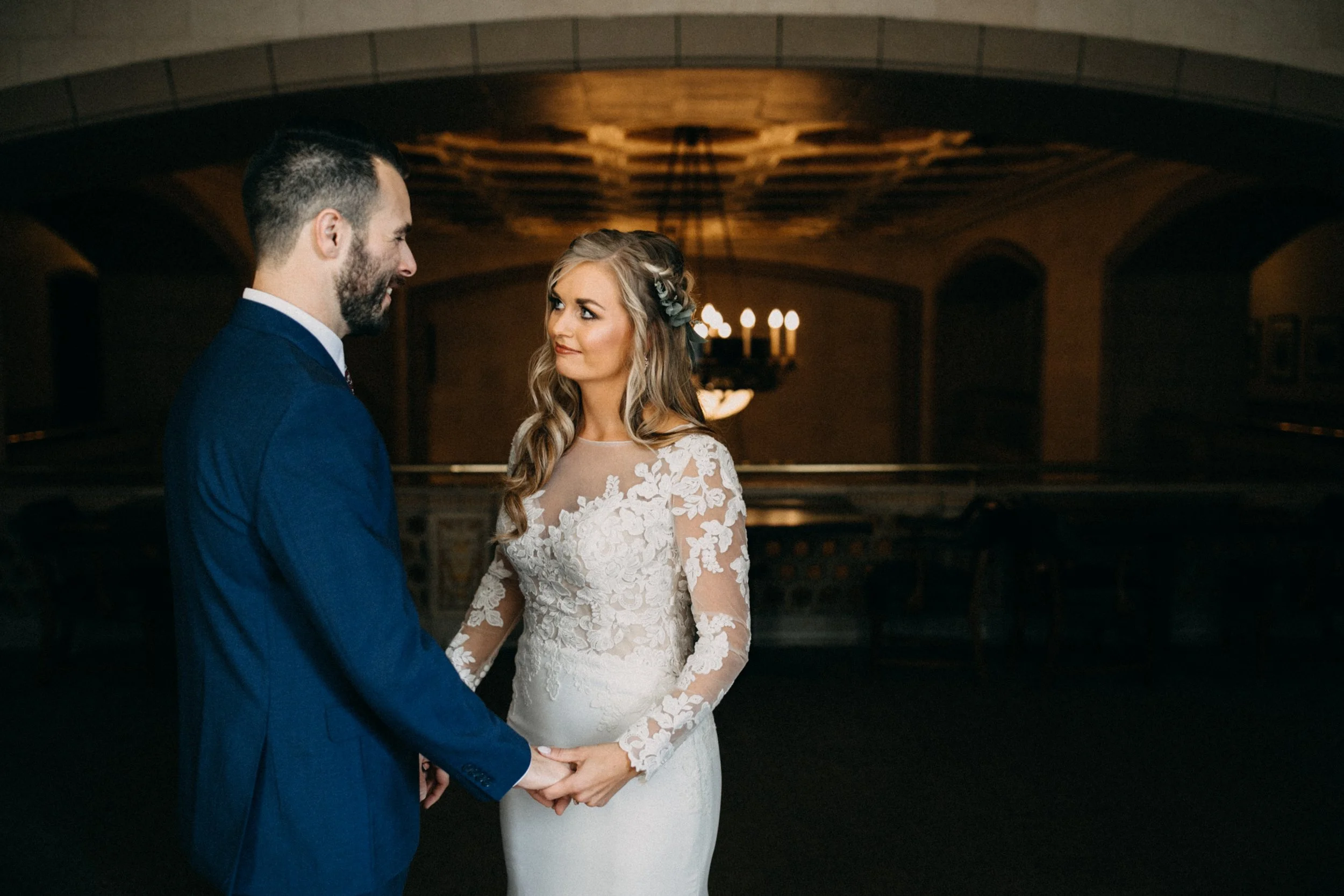 Bride and groom during first look at their St Paul, Minnesota wedding