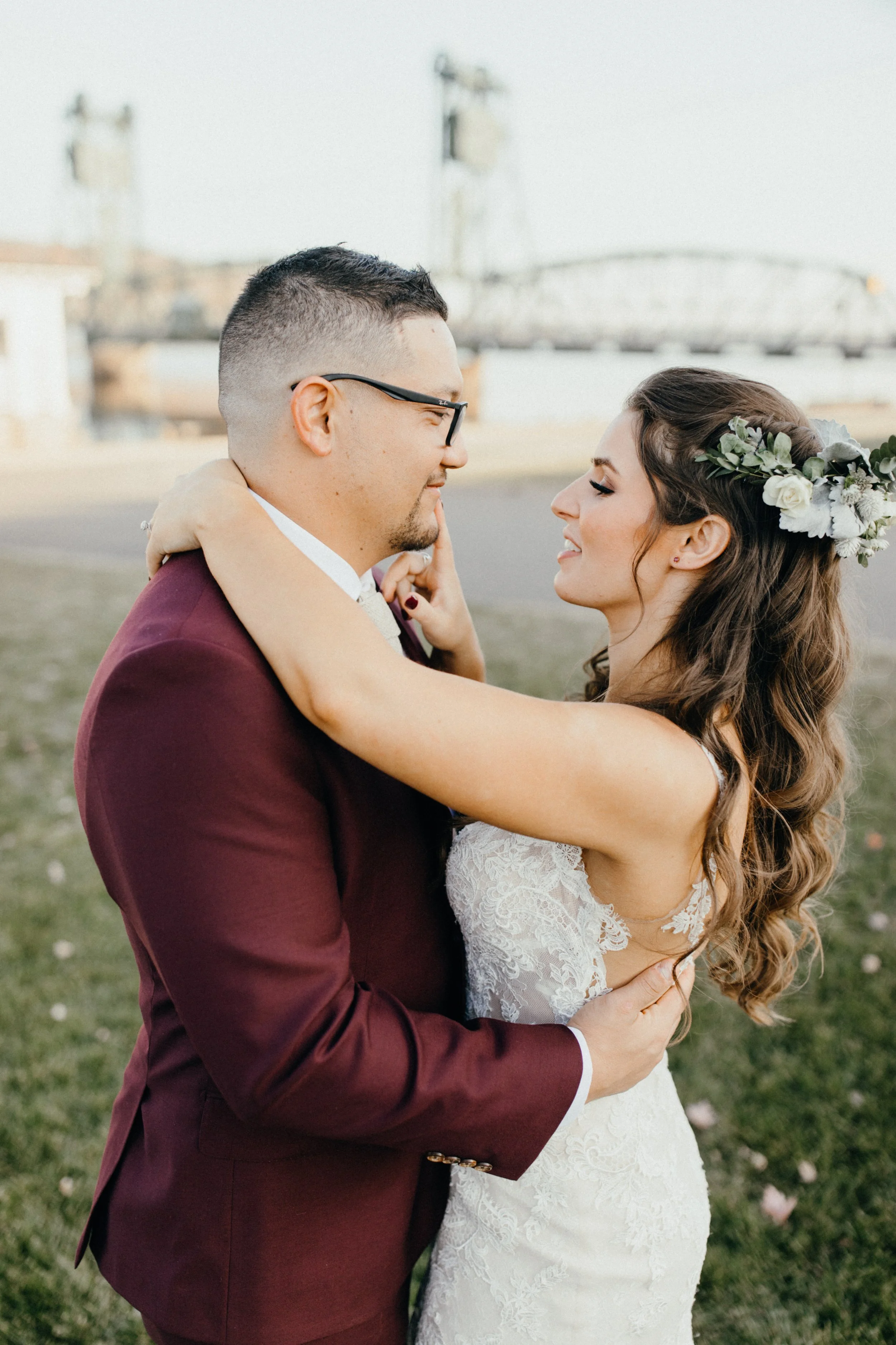 Bride and groom standing in front of Lift Bride in Stillwater, Minnesota