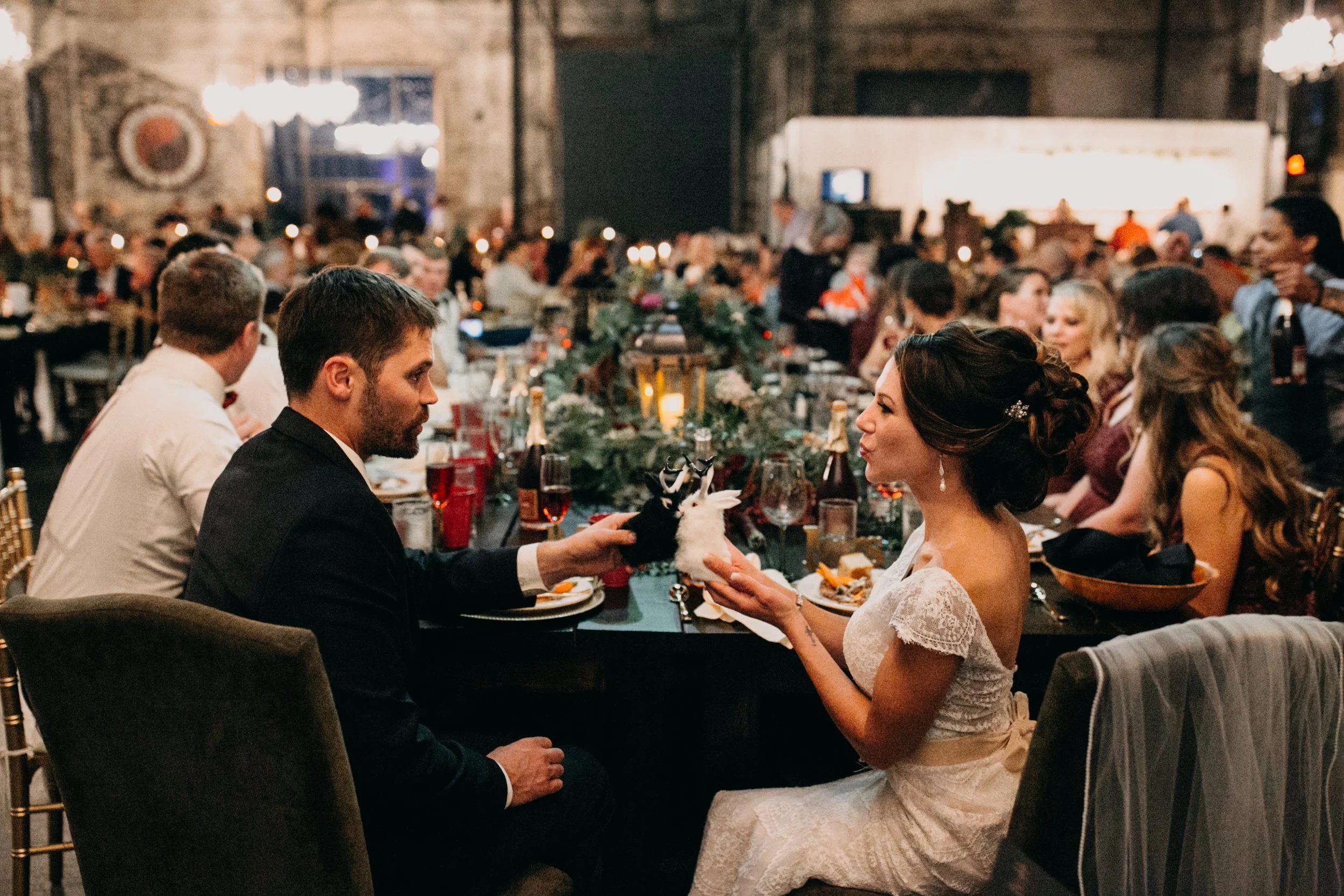 Bride and groom during the wedding reception at the Northern Pacific Center in Brainerd, Minnesota