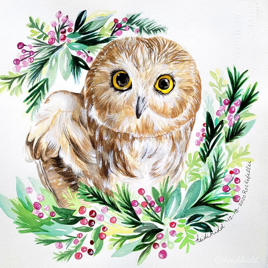 Baby Owl "Rockefeller" Watercolor on Panel 12x12 *Available $300.00