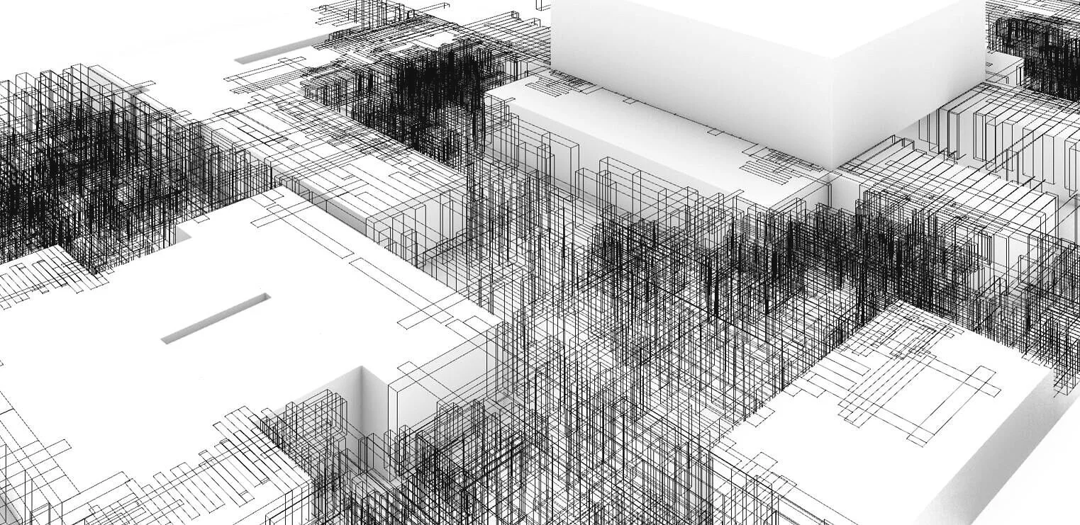 Massings intersect with 3D linear network beginning to form a rhythmic language for an avant-garde music program.