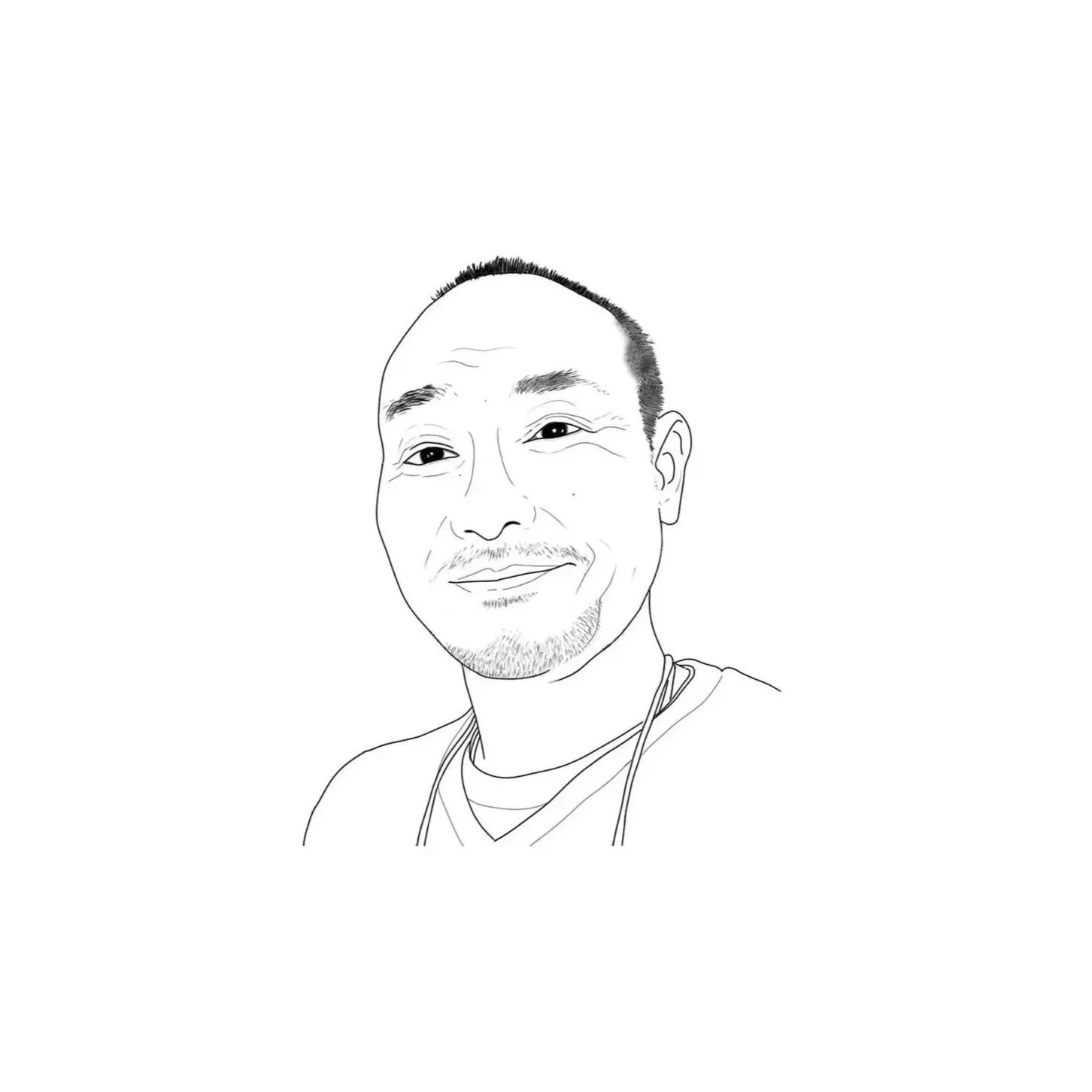 Line drawing of a smiling man with short hair, facial hair, and a lanyard around his neck.