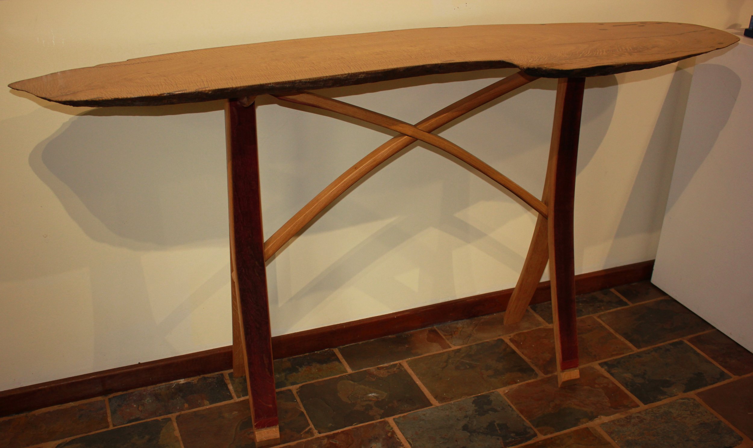 Curly Blackbutt Console with French Oak legs from Barrel staves.