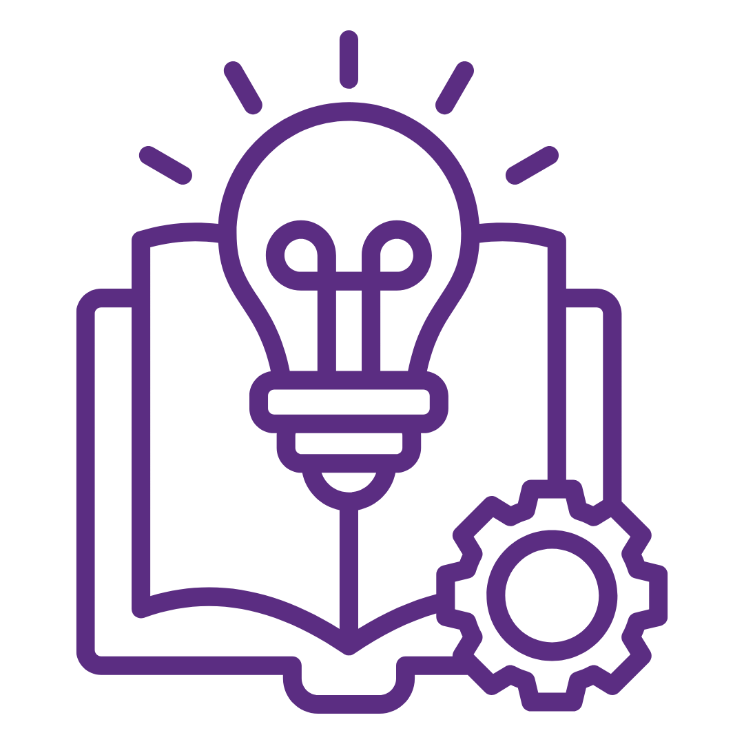 Outline of a book open to a page, a light bulb, and a gear, representing ideas, innovation, and technology