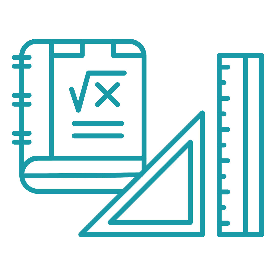 Line drawing of a math notebook with a square root sign, a calculator, a ruler, and a triangle ruler.