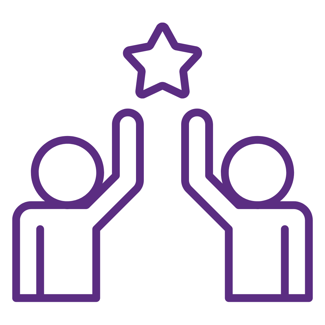 Purple outline icon of two people giving high five with a star above their hands.