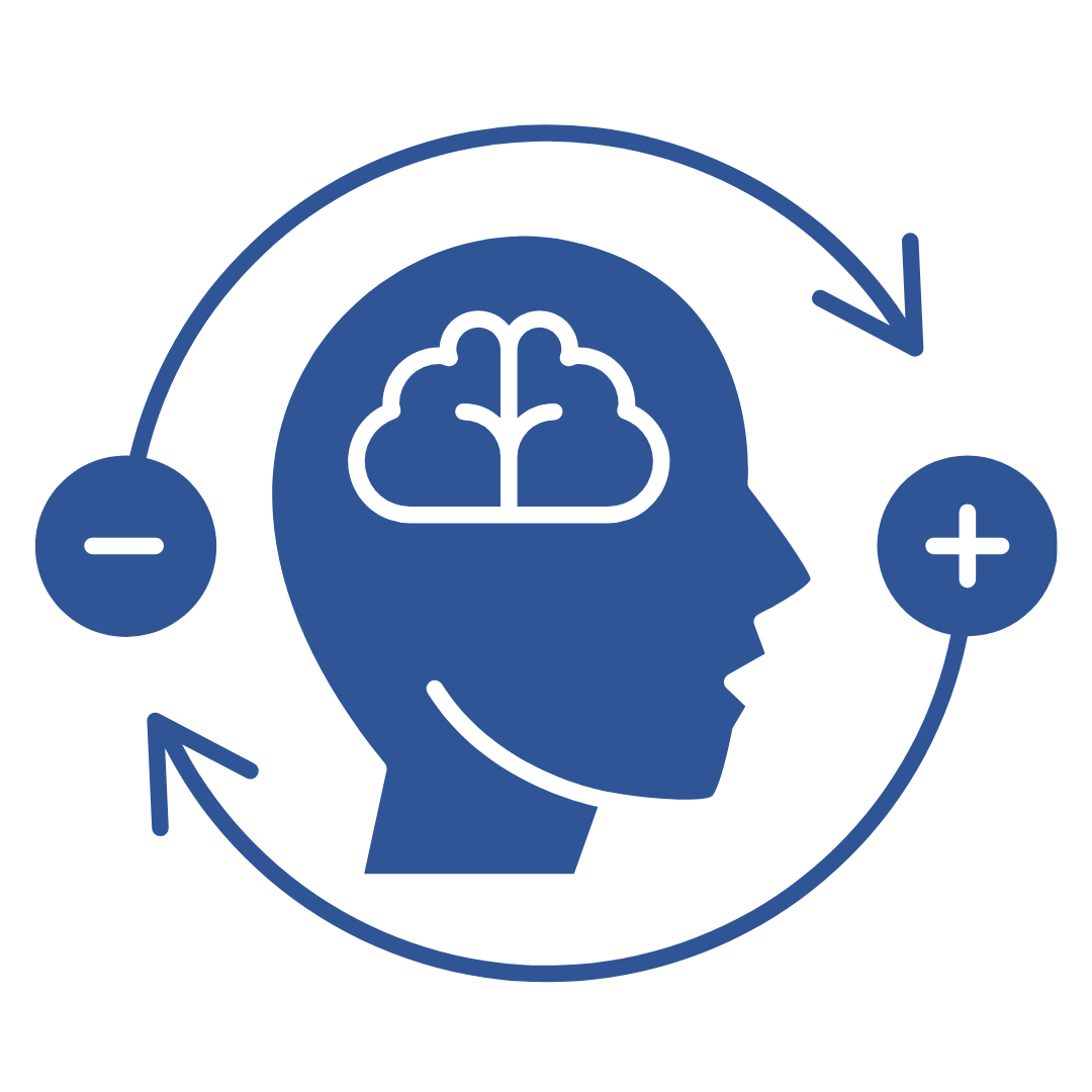 Icon of a human head profile with a brain inside, surrounded by circular arrows and plus and minus signs, representing mental health or wellness.