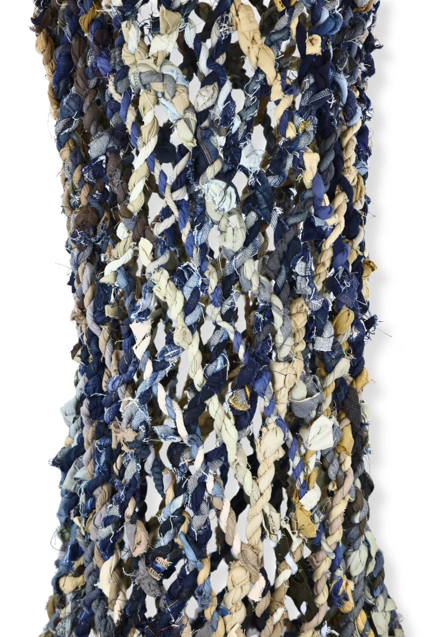 Cylindrical Net, pant hem rope, polyester, and cotton, 48 x 24, 2023