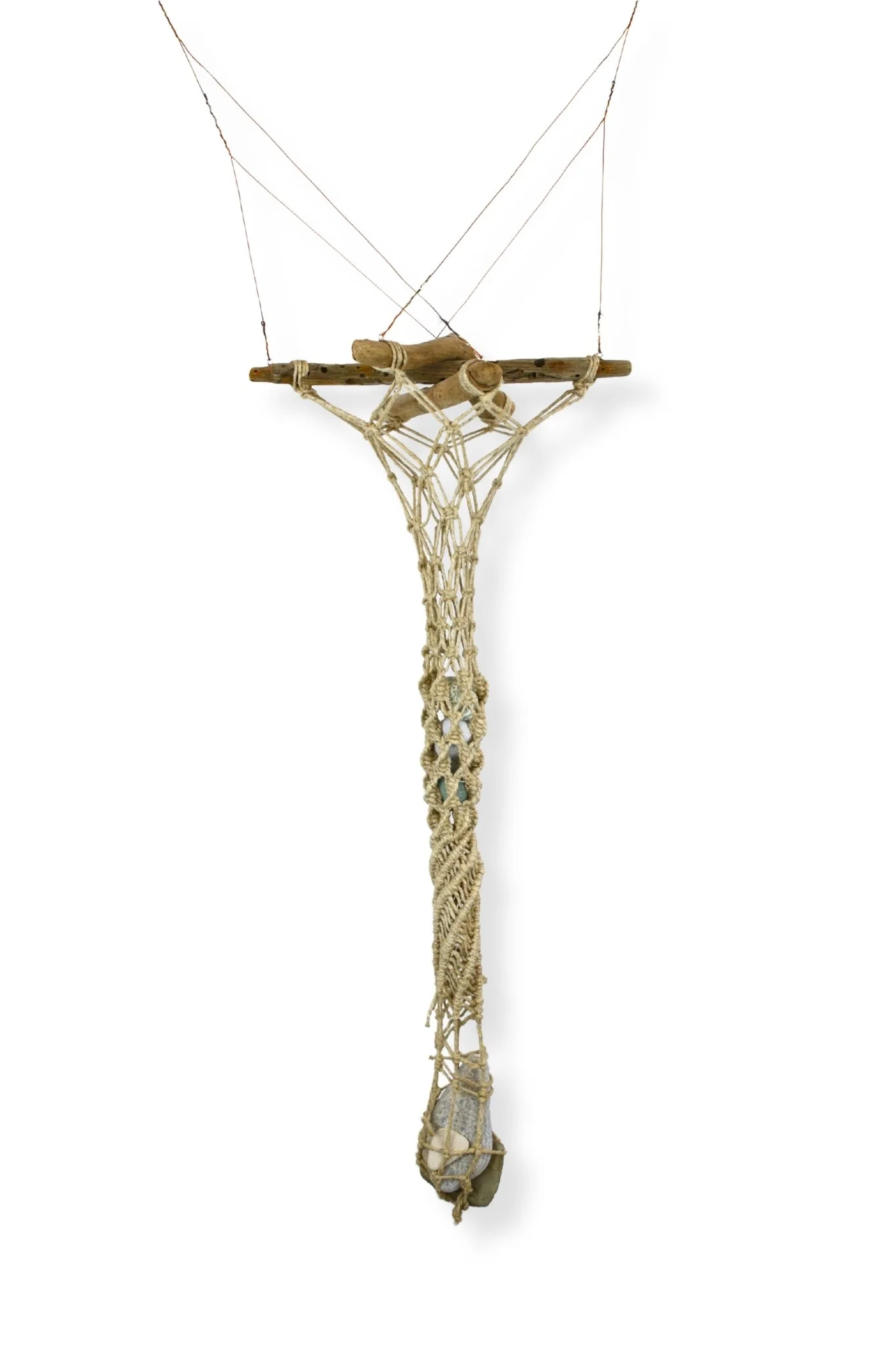 Cylindrical Net, jute string and rocks, 36 x 8 x 8, 2017