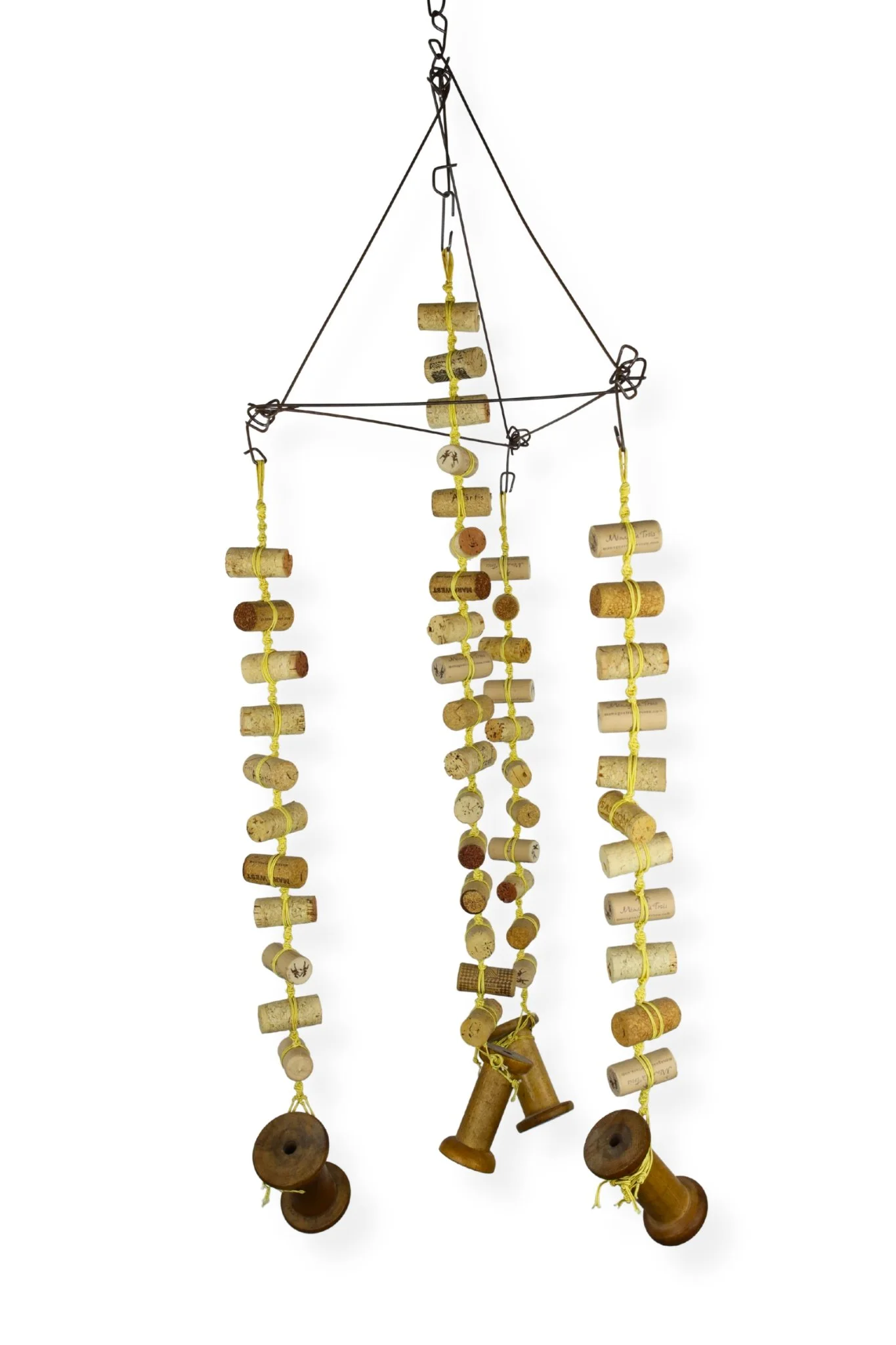 Cork and Wooden Spools, yellow cotton cord, cork, and wood spools, 36 x 14 x 14, 2019