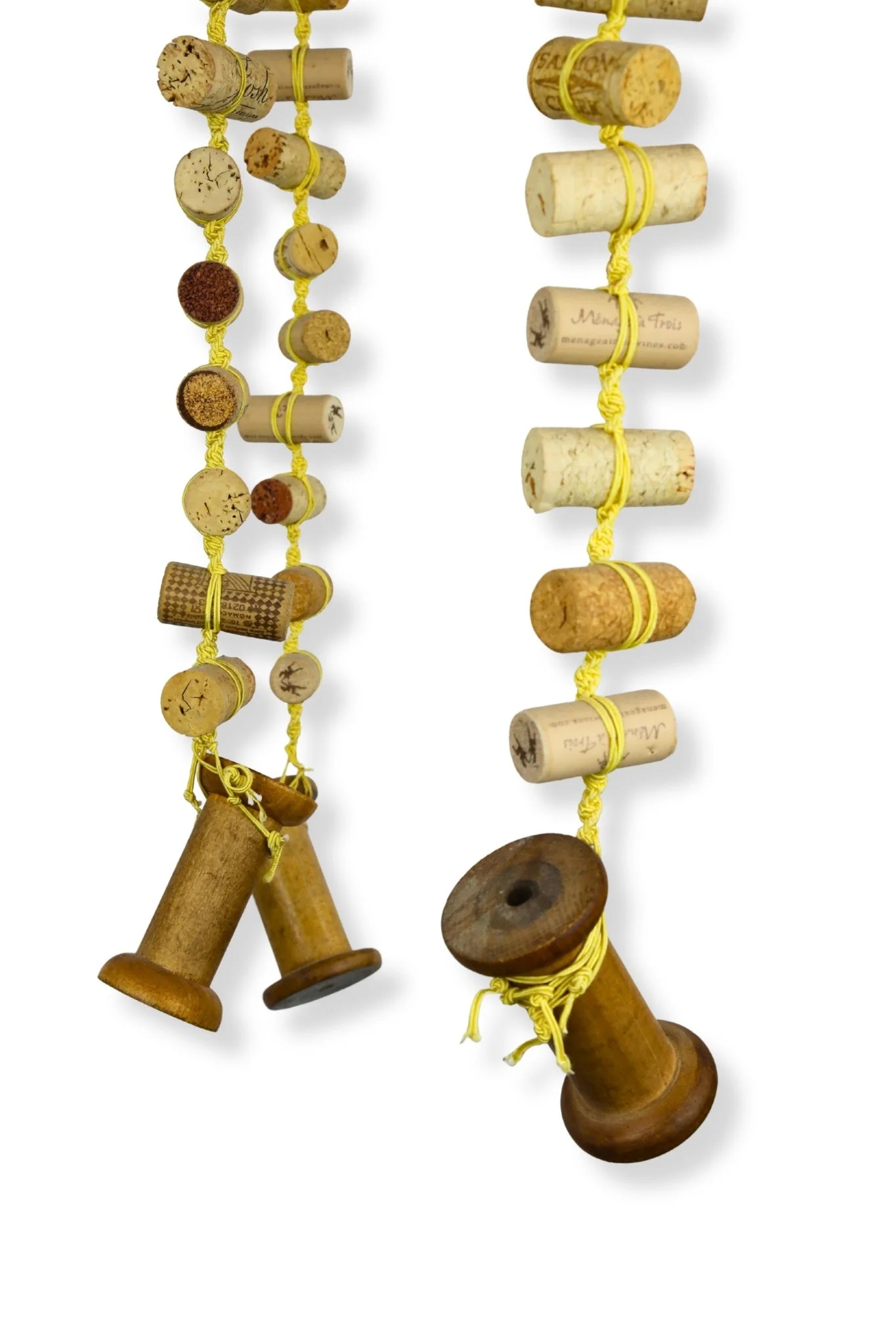 Cork and Wooden Spools, yellow cotton cord, cork, and wood spools, 36 x 14 x 14, 2019