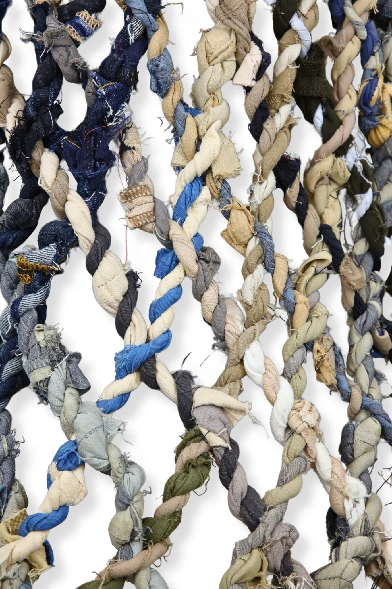 Cylindrical Net, pant hem rope, polyester, and cotton, 48 x 24, 2023